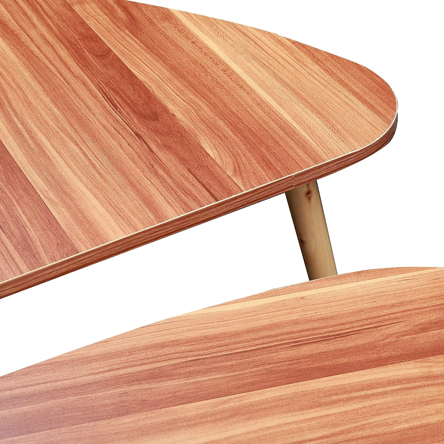 Elegant White Nesting Coffee Tables for Living Room, Modern Triangle Table and Oval Table Set of 2 for Small Space, Cocktail Table Tea Table Drop Shape Table with Solid Wood Leg (Marble) (Walnut)
