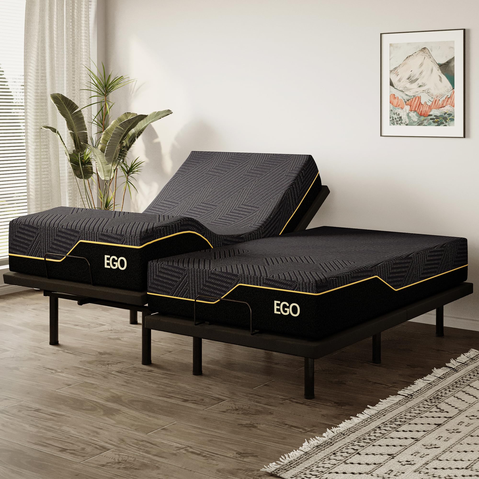 Split King Adjustable Bed Base Frame and 14 Inch Memory Foam Mattress