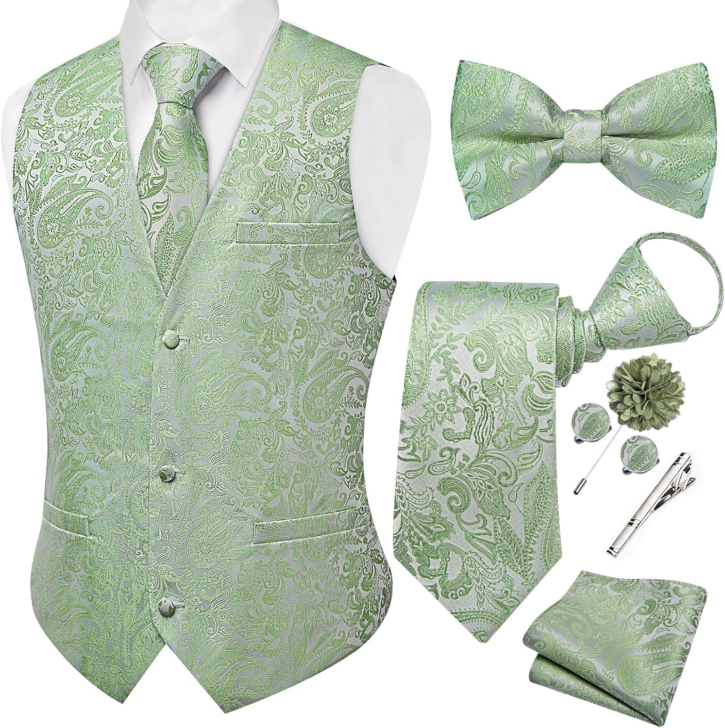 DiBanGu Mens Paisley Suit Vest Pre-tied Tie Set 7PCS Jacquard Silk Dress Waistcoat Bow Tie Lapel Pin Hanky for Wedding Party
