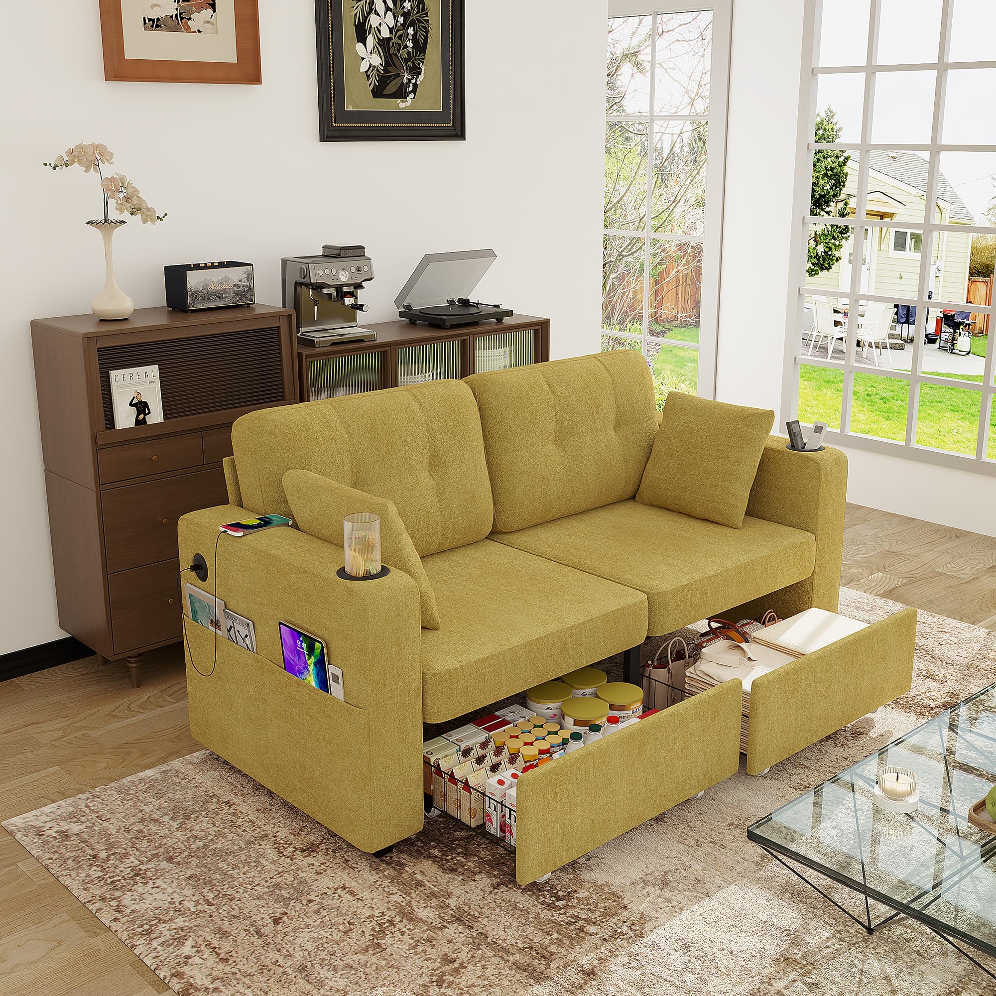 Canapé 2 Places avec Rangement,Canapé d'angle Moderne,2 tiroirs sous l'assise,accoudoirs avec Porte-gobelets,Ports USB/USB-C,Poches latérales,Tissu Chenille,Jaune Moutarde