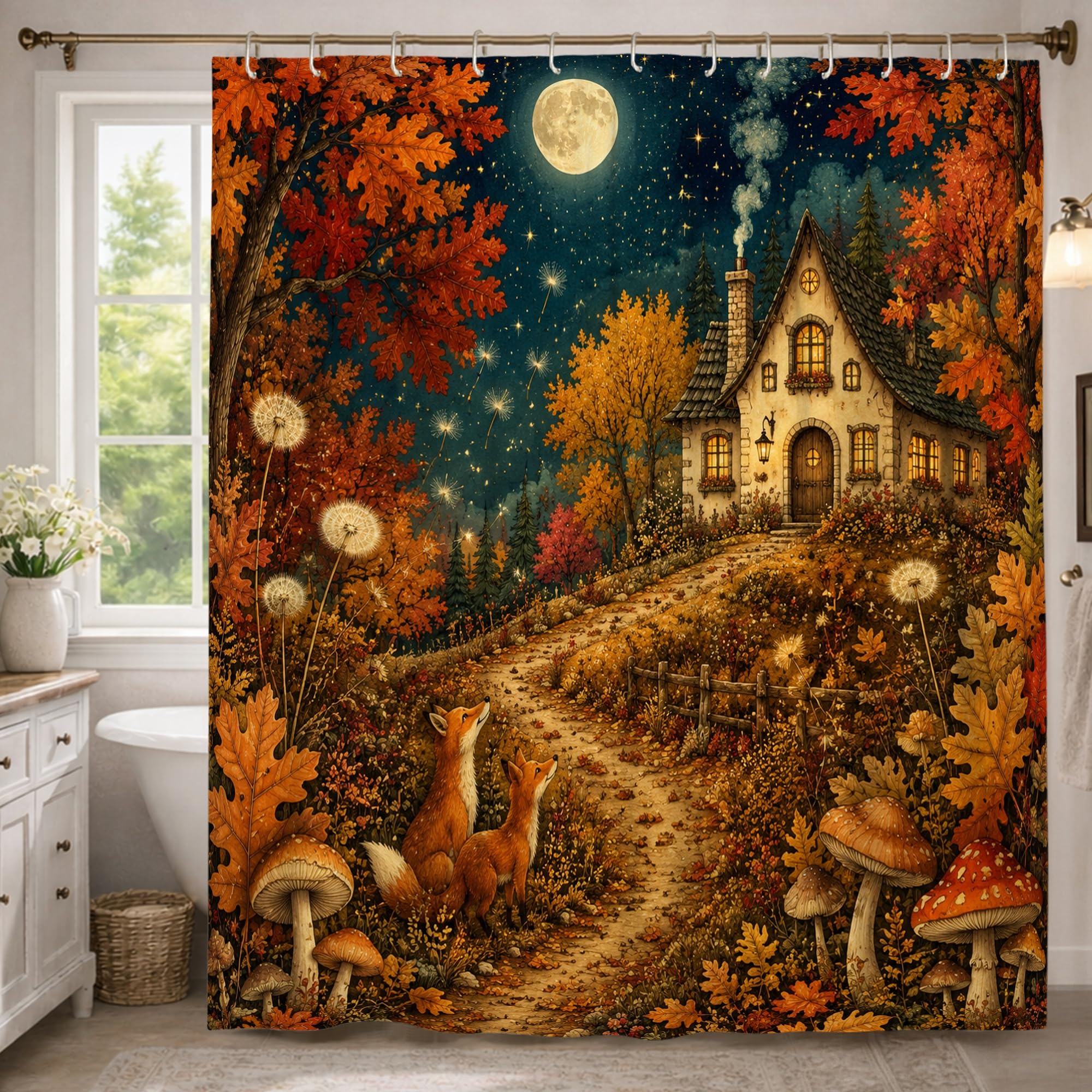Rideau de douche renard champignon pour une salle de bain cosy
