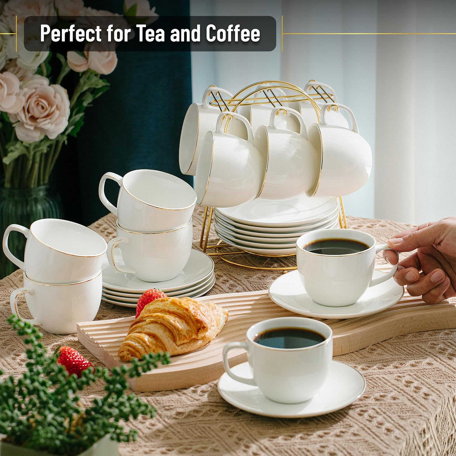 BTaT- Cappuccino Cups with Saucers 8 oz, Set of 12, White Porcelain Coffee Cup and Saucer Set for Latte with Golden Trim Design, Dishwasher Safe, Mocha, Tea, Au Lait, Flat White
