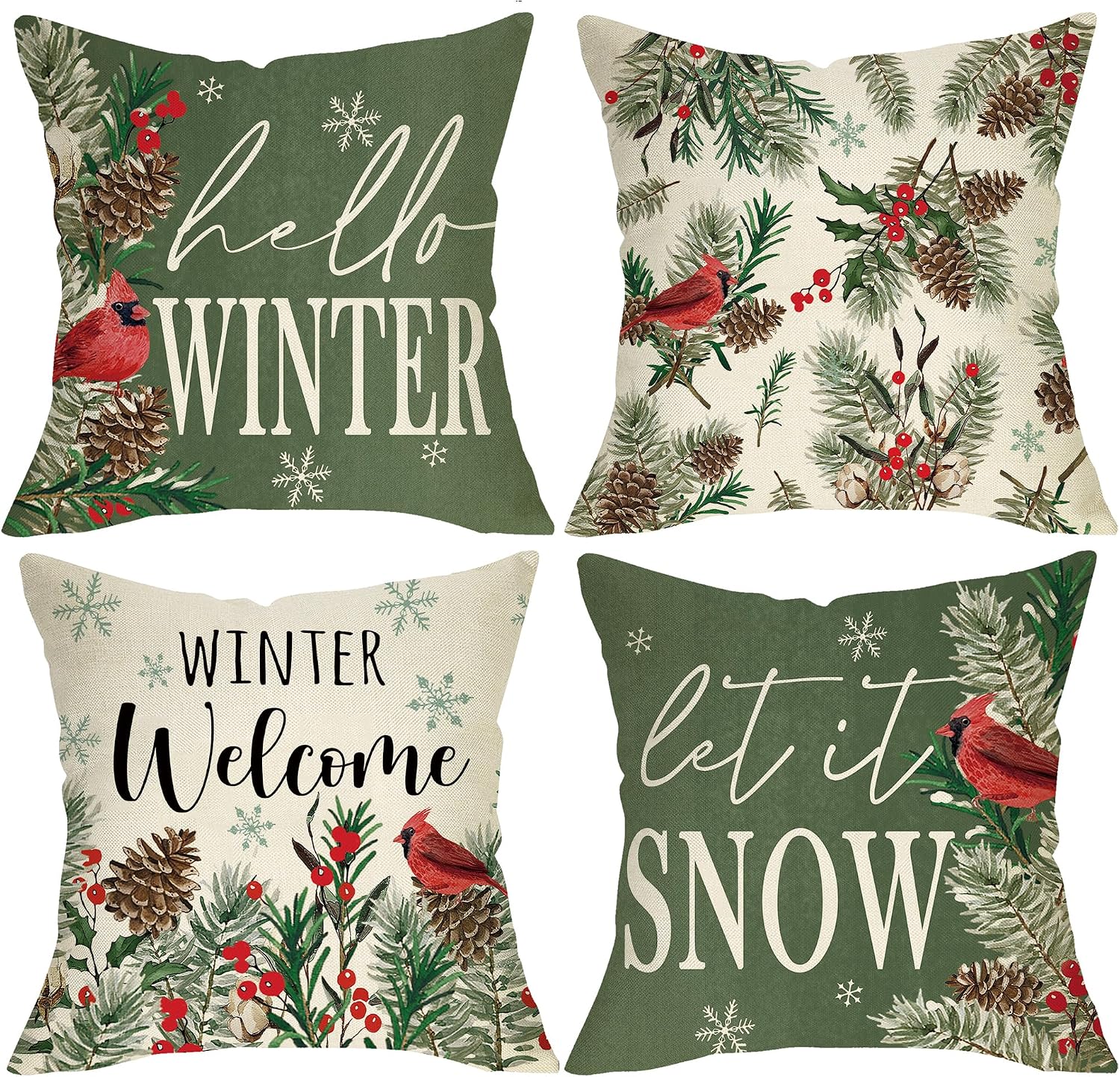Hello Winter Cardinal Green Decorative Throw Pillow Covers