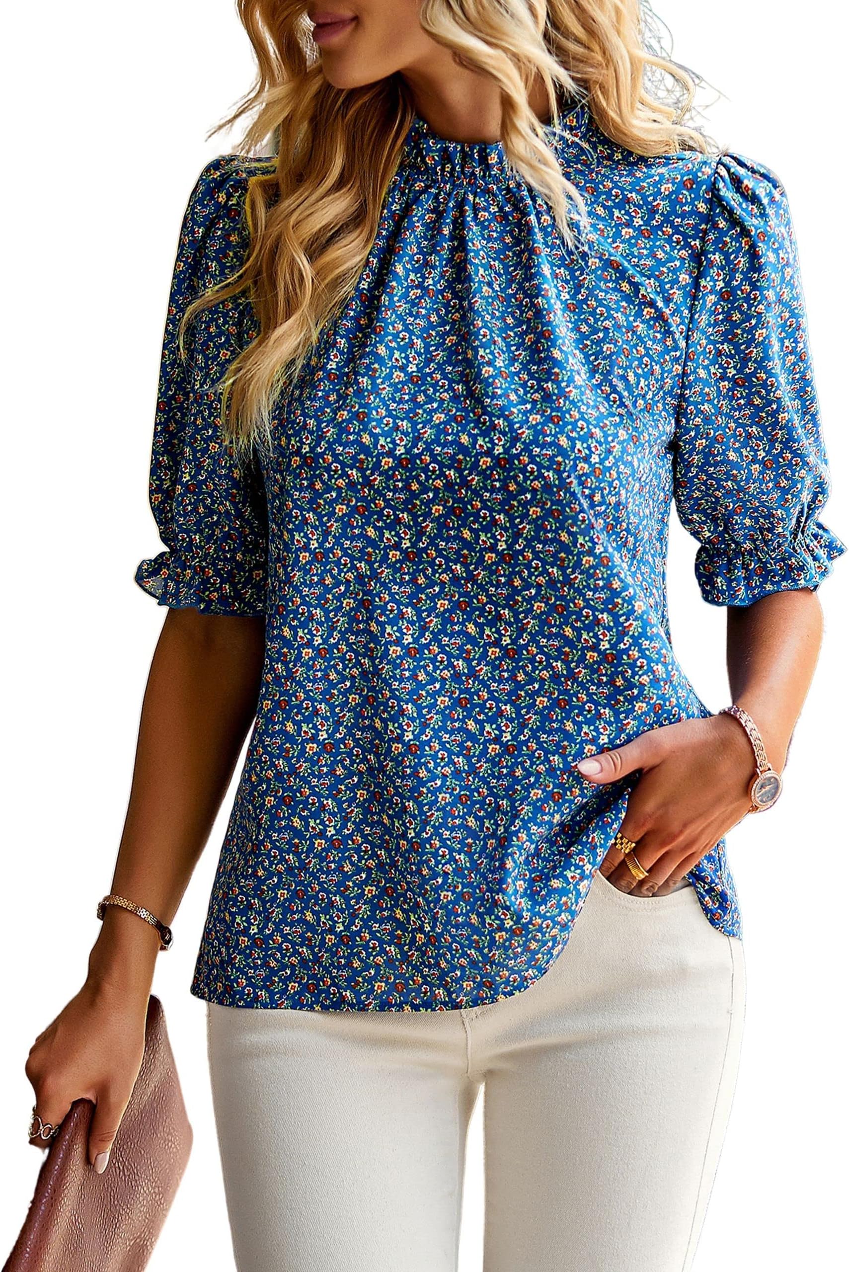 ZILINWomen's Casual Floral Print Mock Neck Cute Half Puff Sleeve Summer Shirts Tops Loose Blouse