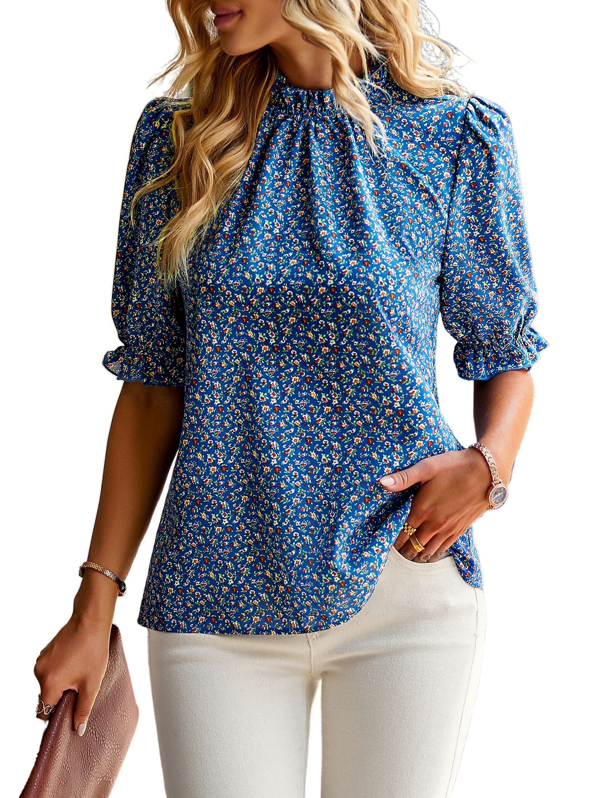 ZILINWomen's Casual Floral Print Mock Neck Cute Half Puff Sleeve Summer Shirts Tops Loose Blouse