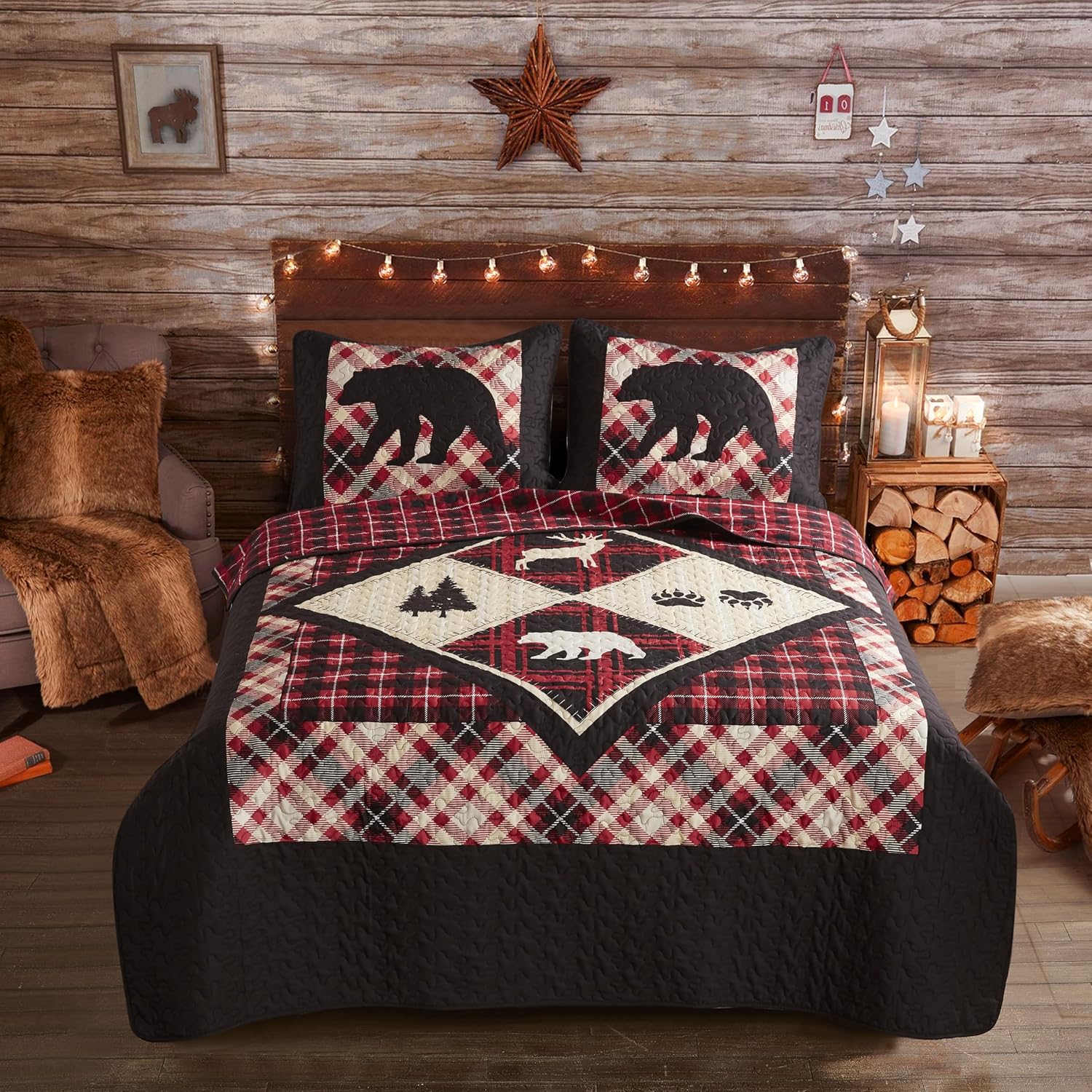 Virah Bella 3 Piece Queen Lodge Quilt Bedding Set - Diamond Bear Lodge - Rustic Cabin Country Reversible Camping Comforter Set with Decorative Pillow Shams, Burgundy/Black