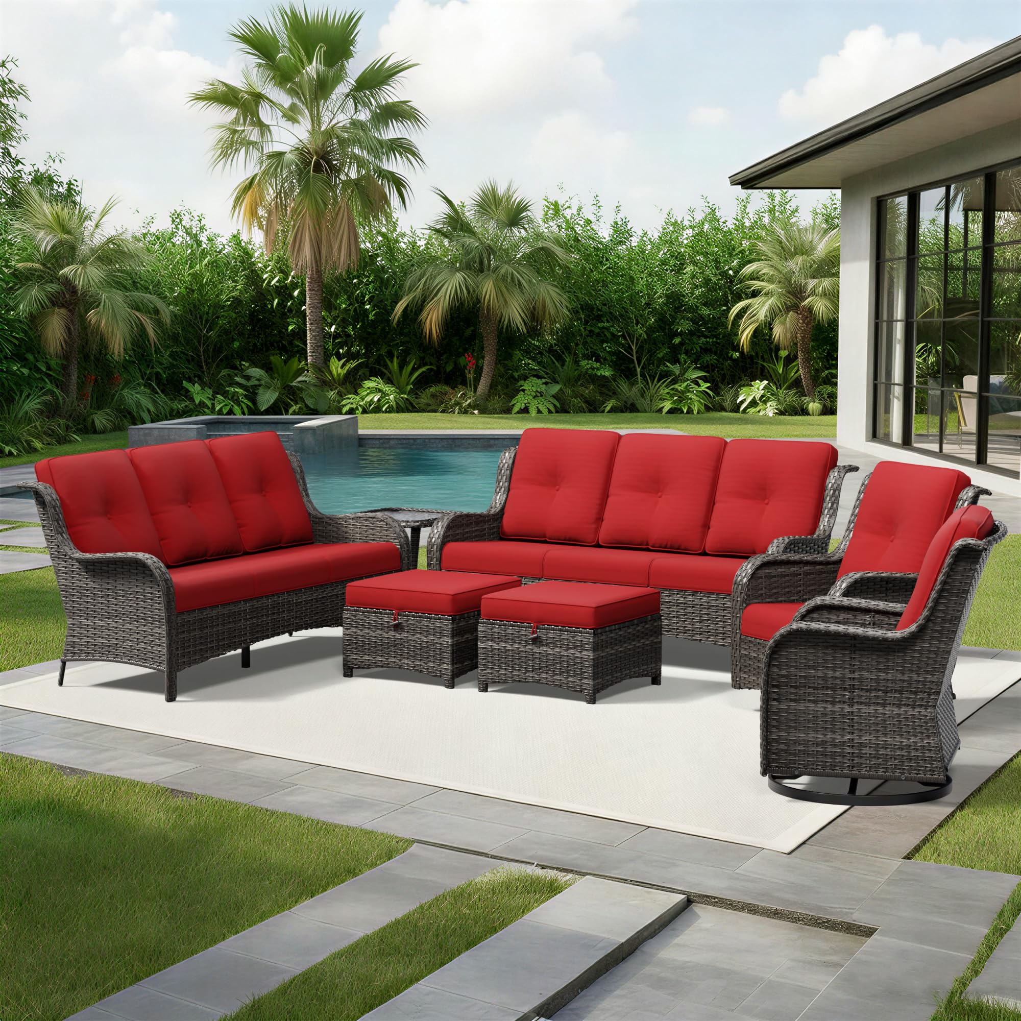 Joyside 7 Piece Wicker Patio Furniture Set, Outdoor Swivel Rocker Patio Chairs with High Back, Deep Seating, Wide Armrest, Thickened Cushions, Outdoor Furniture for Deck, Porch Use