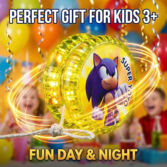 Light Up Yellow Sonic Hedgehog-Style YoYo for Kids – 5.5cm LED Responsive Beginner Yo-Yo with String, Spinning Trick Toy, Party Bag Filler, Birthday for Boys & Girls Age 3+