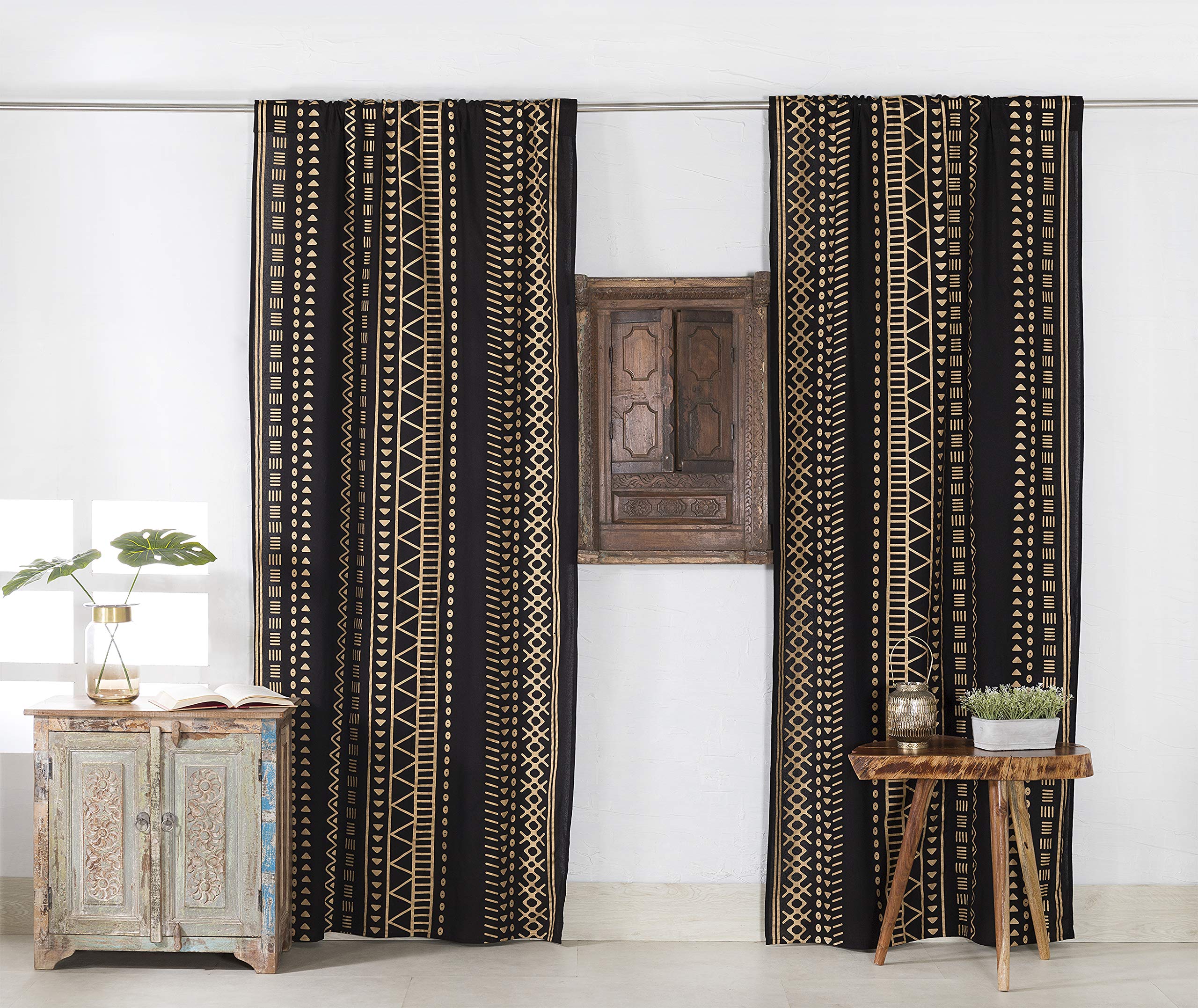 Popular Handicrafts Indian Hippie Bohemian Beautiful Gold Geometric Printed Window Door Drapery Curtain Bedroom Living Room Balcony Valance Panels