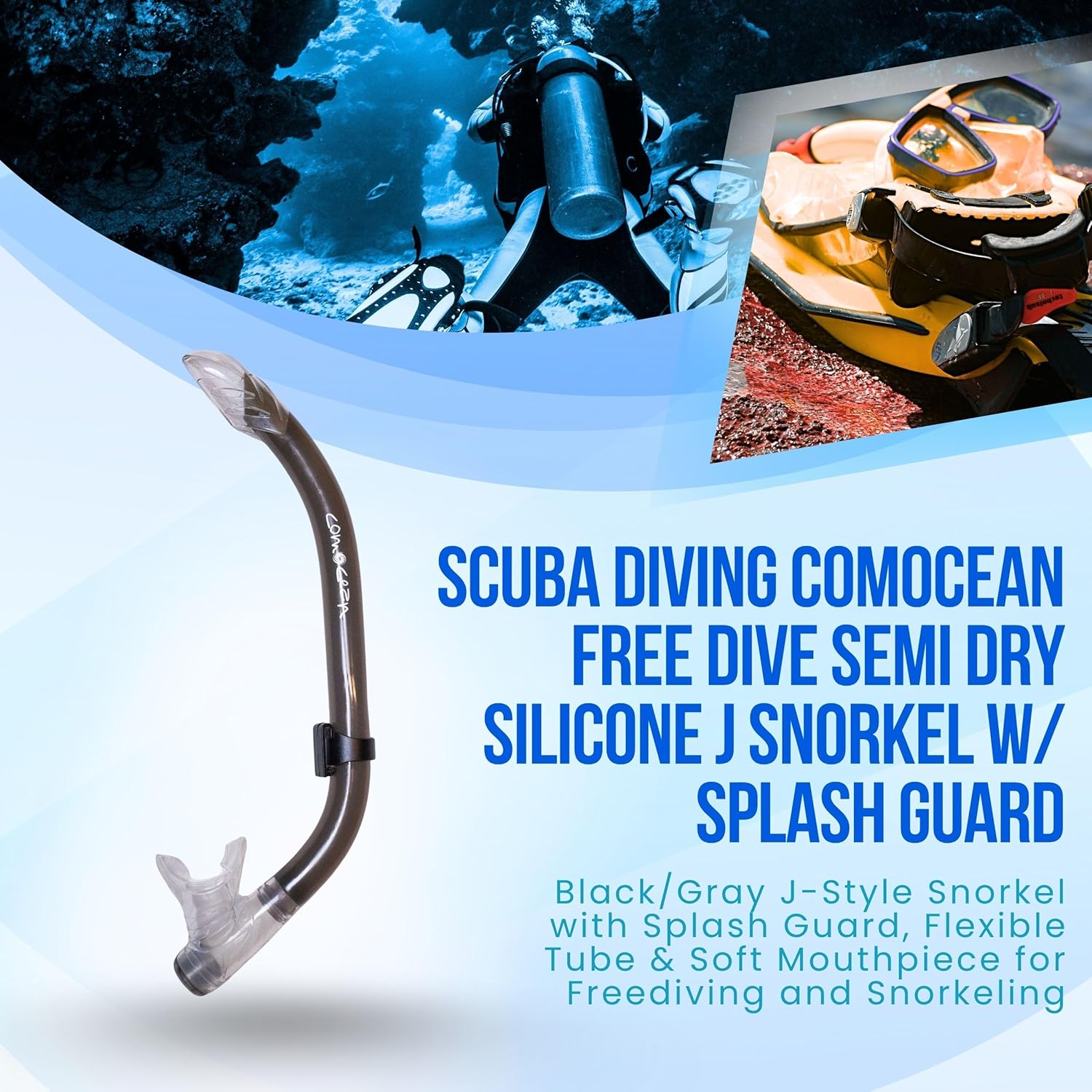 Scuba Choice Scuba Diving Comocean Free Dive Semi Dry Silicone J Snorkel with Splash Guard, Translucent Black Medium