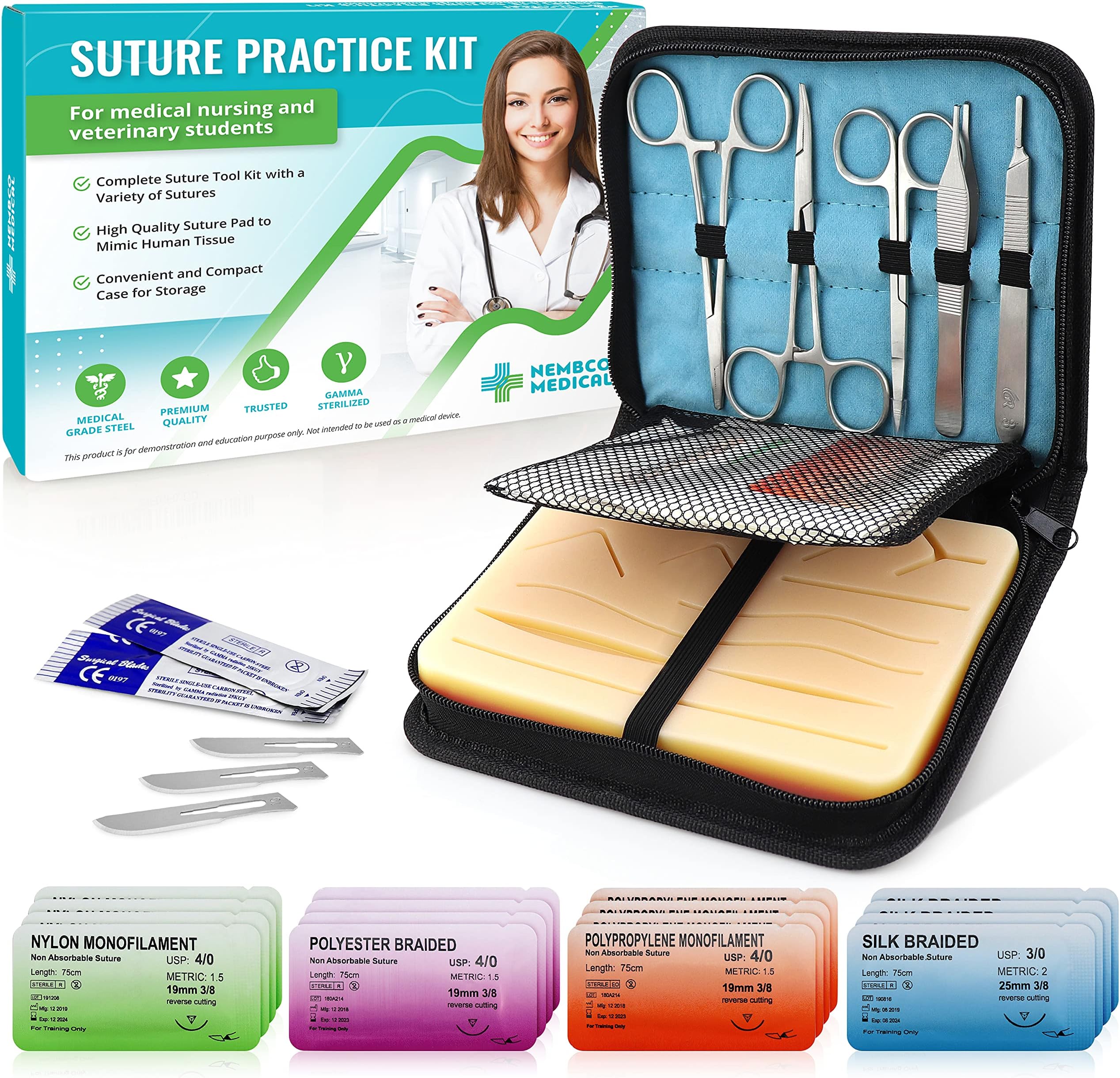Suture Practice Kit for Medical Students - Suture Kit Includes Tool Kit, Large Silicone Suture Pad with Pre-Cut Wounds, and Mixed Suture Threads with Needles