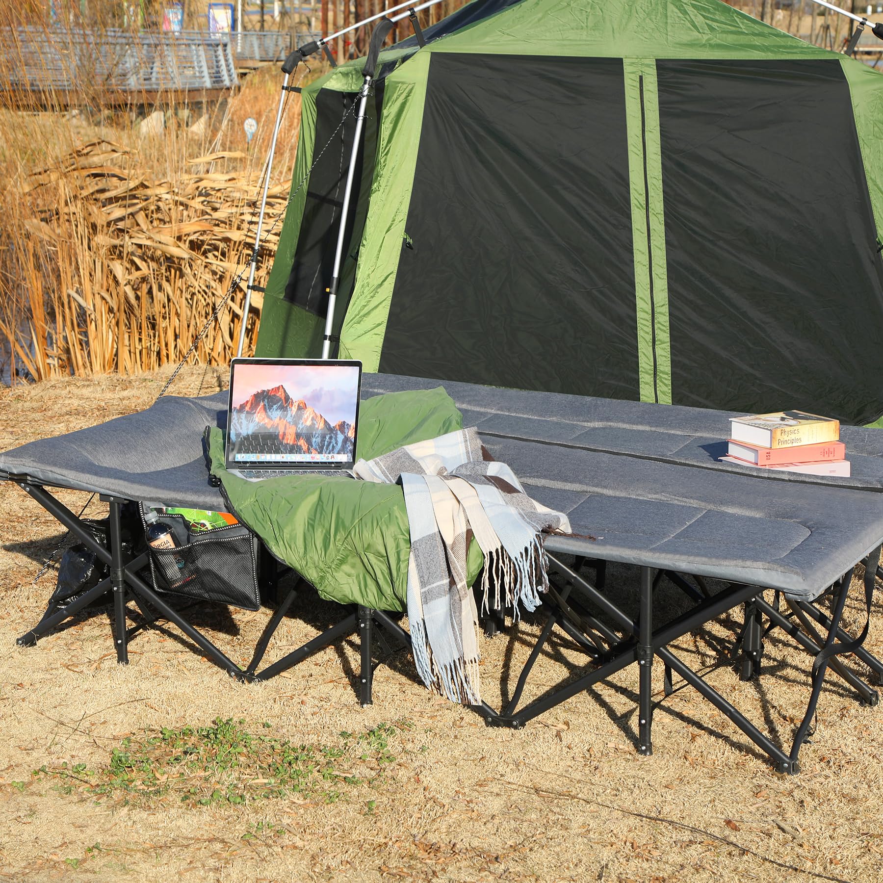REDCAMP Campingbett 2 Personen mit Auflage, 200x150x45 cm Doppelfeldbett Klappbar 454kg Tragkraft, Faltbar Gästebett mit Matratze Topper für Indoor Outdoor Camping Wandern Reisen Strand Garten, Grau
