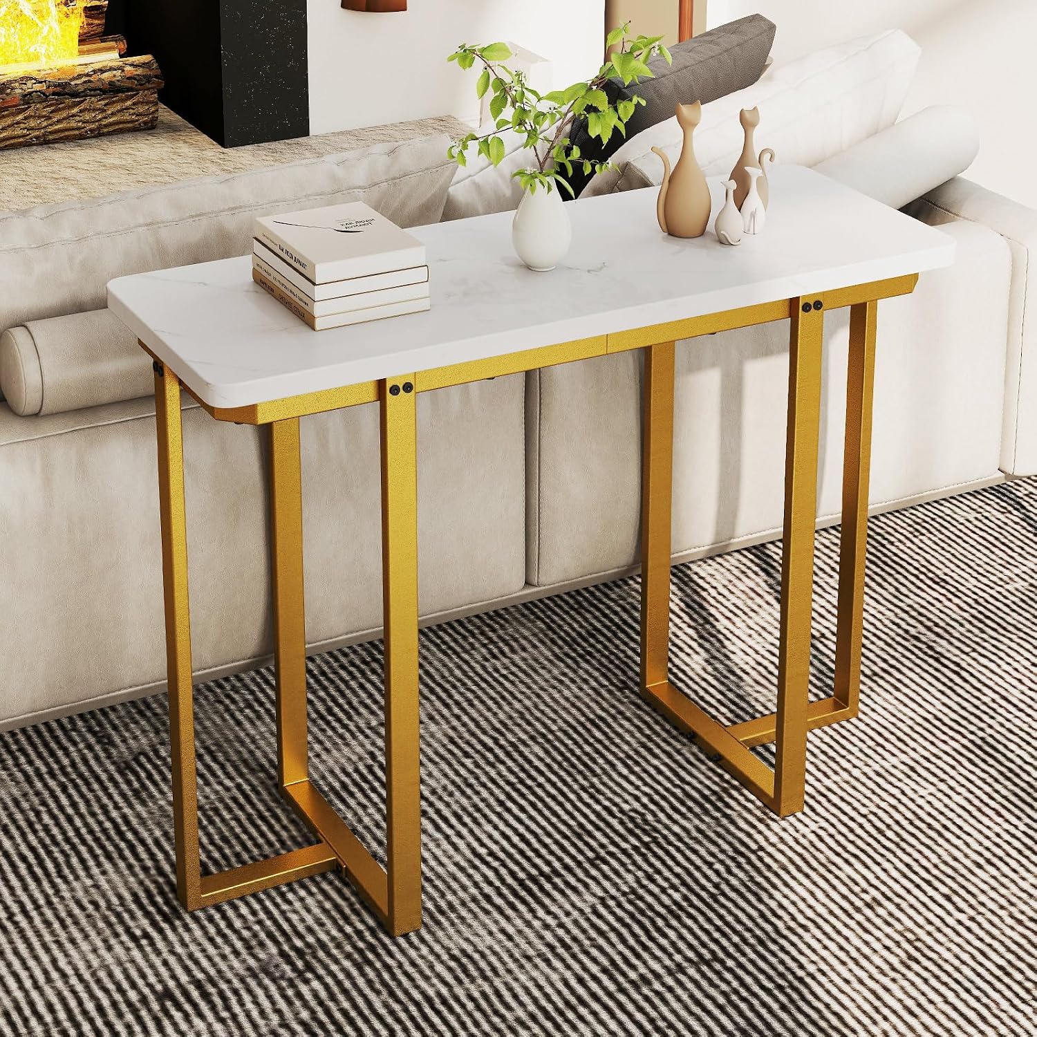 Giantex 42" Console Table, Modern Faux Marble Entryway Table with Geometric Metal Frame, Anti Slip Foot Pads, Narrow Long Sofa Table Behind Couch for Living Room, Hallway, Foyer, Entrance (White)