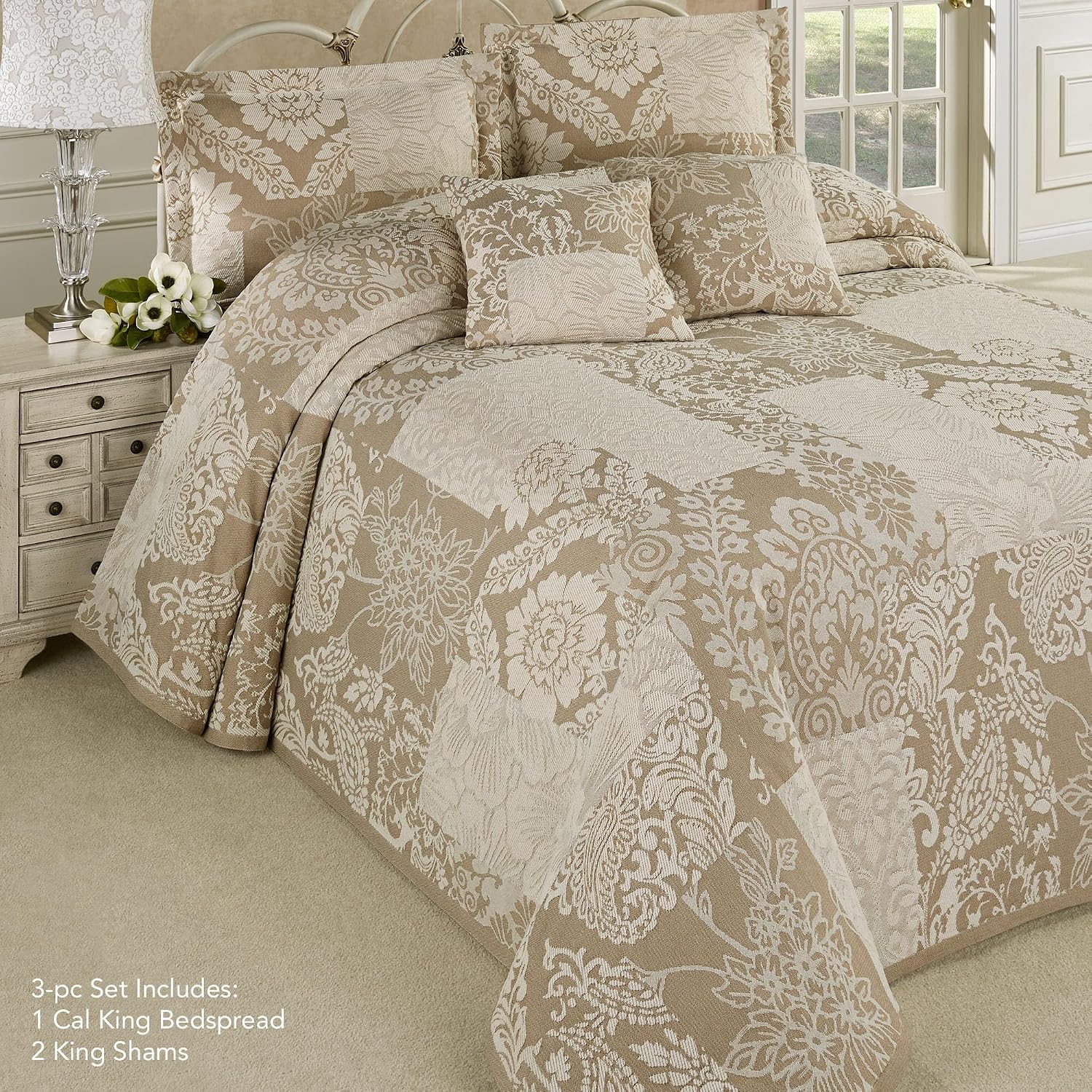 Maisonette Lightweight Bedding | Ivory & Taupe Neutral Hues | Jacquard-Woven Cotton/Polyester Floral & Paisley Blocks | 3 Piece Bed Set: Oversized California King Bedspread and 2 King Pillow Shams