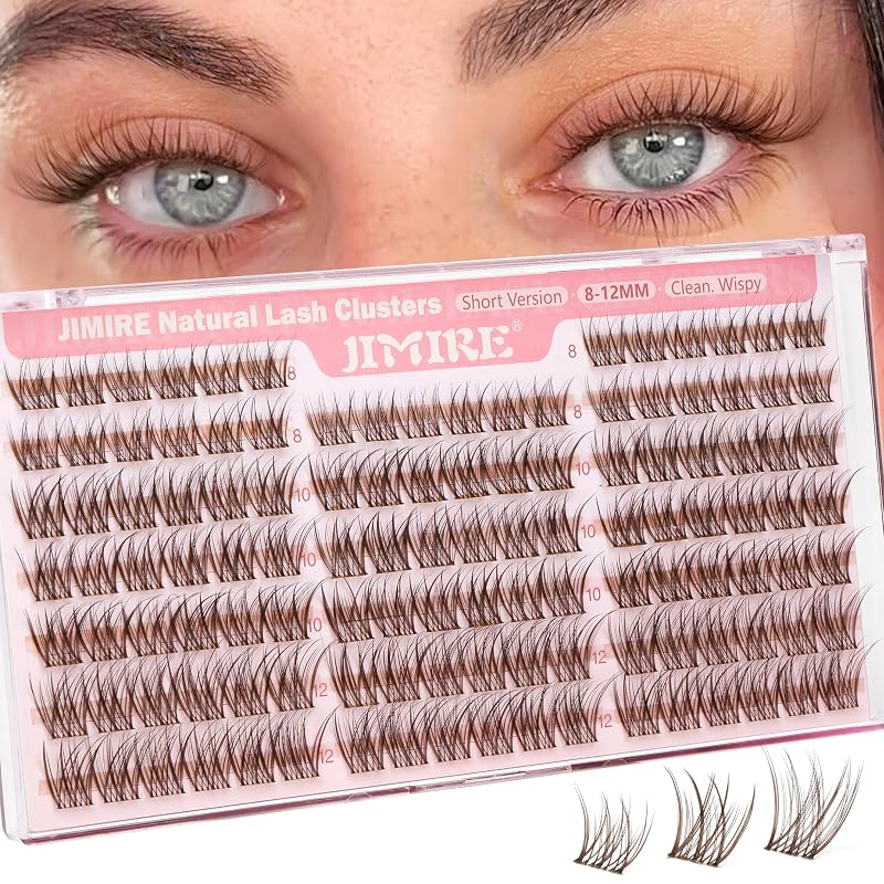 Cílios postiços em tufos marrons JIMIRE, curvatura C-Curly, 8–12 mm, faixa transparente, 120 unidades