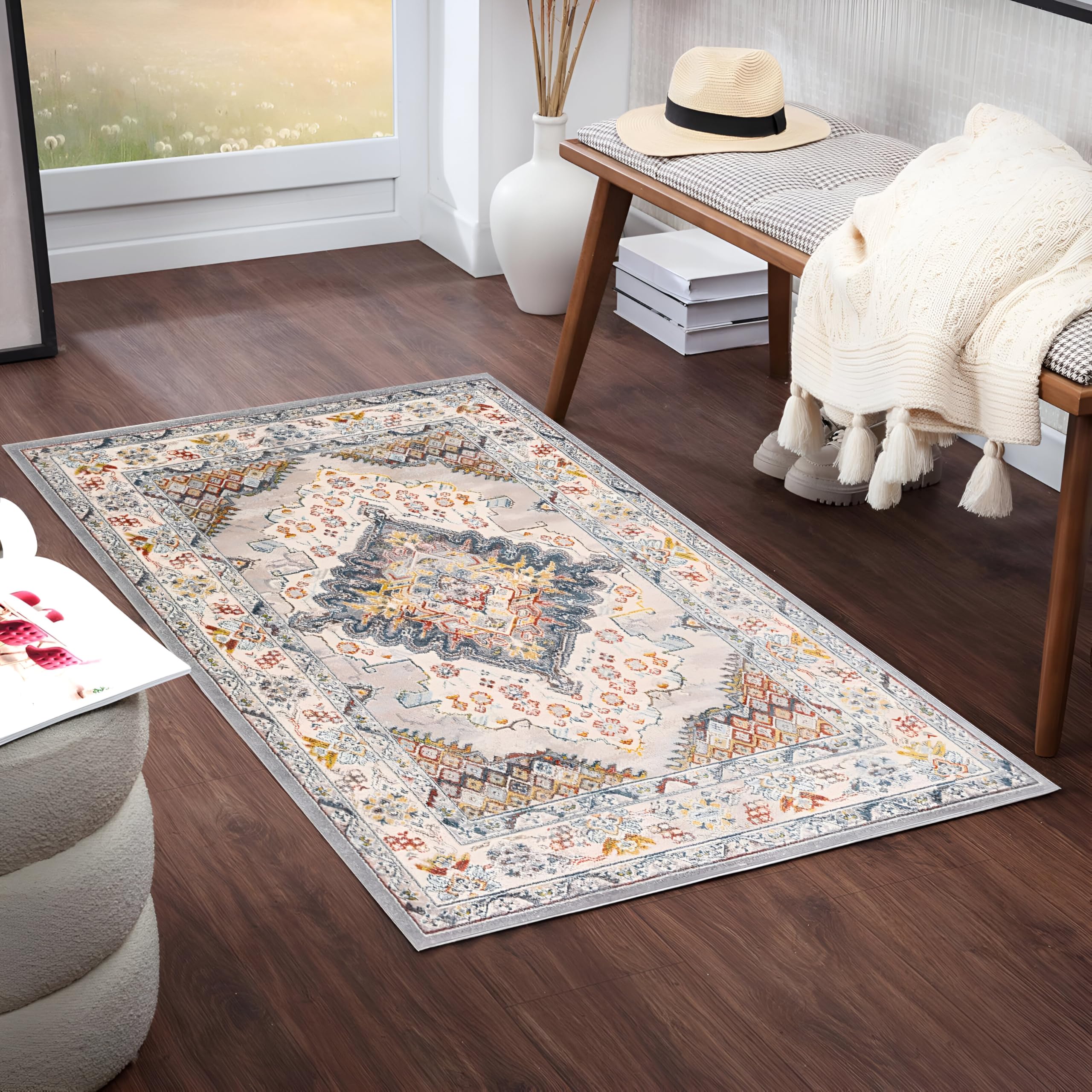 Tapis de salon vintage bleu taupe grand tapis oriental 80x150 cm