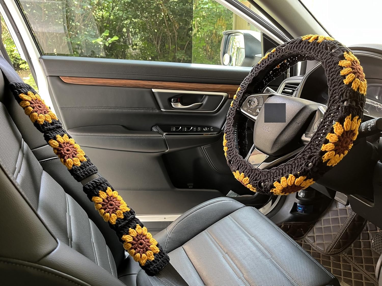 Handmade Crochet Sunflower Flower Steering Wheel Cover Black Universal 14-15 inch for Women/Men (Steering Wheel Cover+2 Belt Cover)
