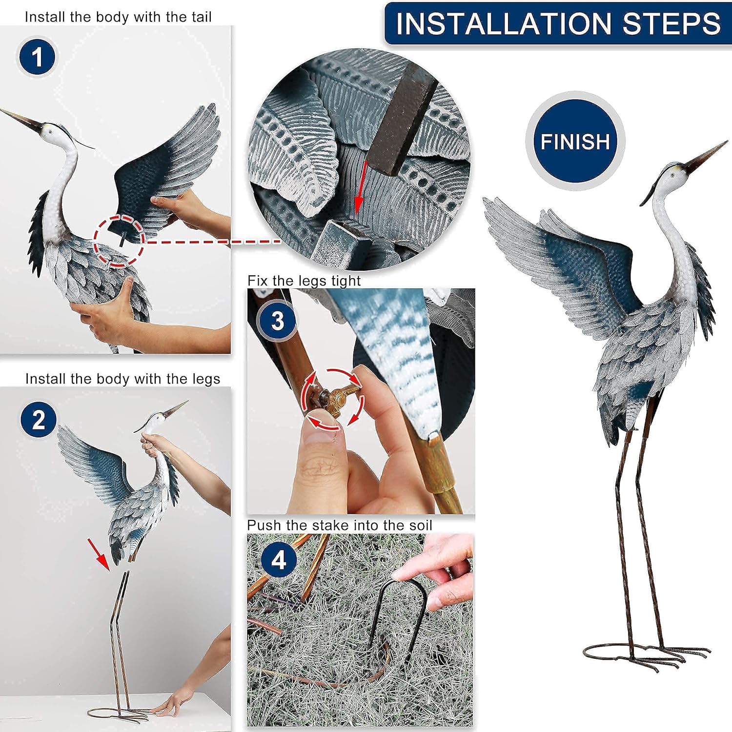 TERESA'S COLLECTIONS 40.7 inch Metal Blue Herons Cranes Garden Statues + 31.5 inch Peacock Solar Stake Light for Garden Decor, Bird Art Lawn Ornaments for Outdoor Patio Yard Outside Decorations