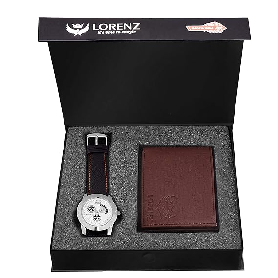 LORENZ Combo of Mens Wallet & Analog Watch | Choose Any one | Brown Wallet, Army Design Wallet or Black Wallet
