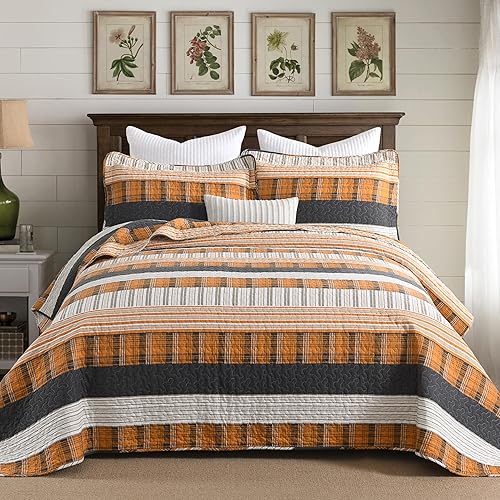 Vista 31 de Homzard - Juego de edredón de algodón a rayas, color gris, tamaño Queen, colcha reversible geométrica con 2 fundas de almohada, ropa de cama ligera