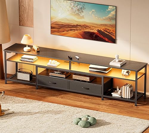 Miniatura 13 de Huuger Soporte de TV para TV de 55 y 60 pulgadas, centro de entretenimiento con tomas de corriente y luces LED, consola de TV de 54 pulgadas para