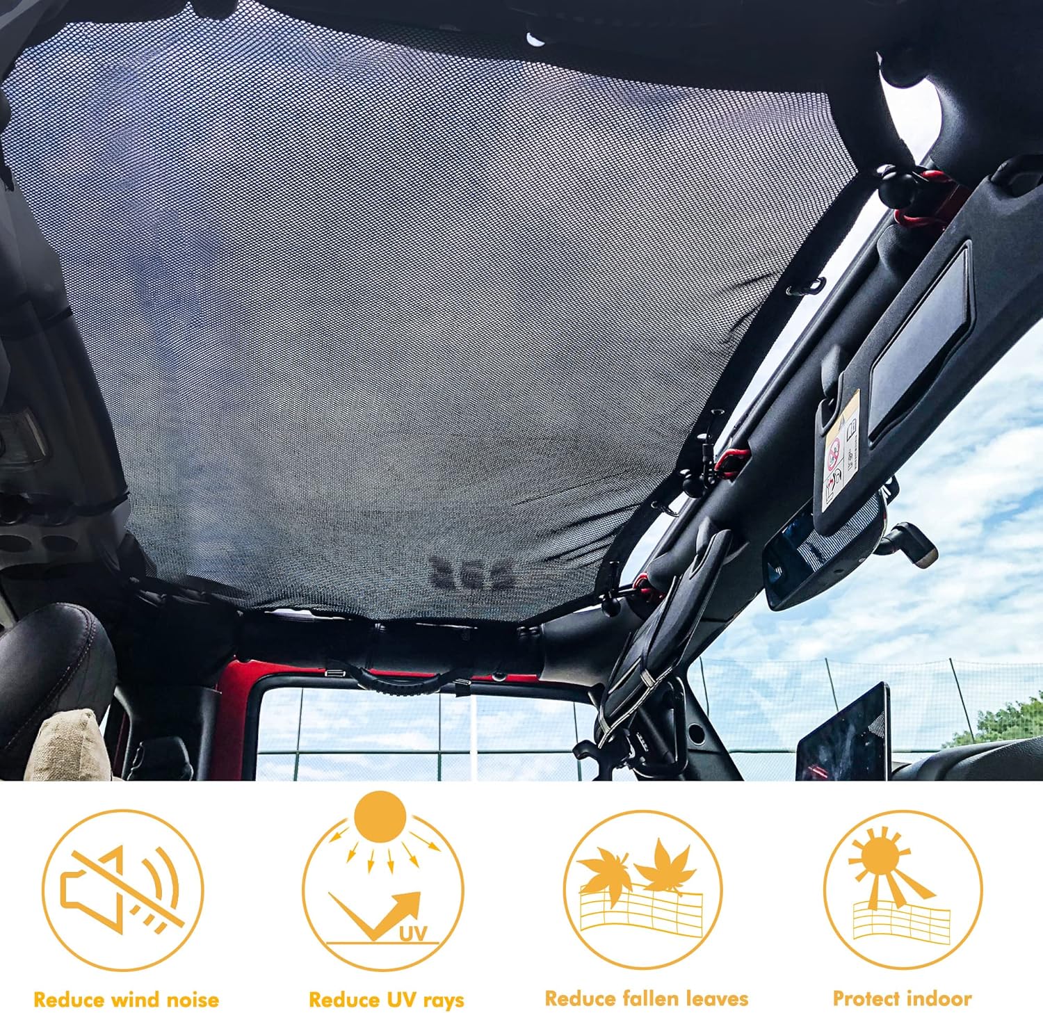 Sunshade for 2007-2018 Jeep Wrangler JKU 4 Door Full Length Mesh Sun Shade, JK Unlimited, Sport, Sport S, Sahara, Rubicon Sunshade Bikini Soft Top Cover Net, Blocks UV, Wind, Noise, Black