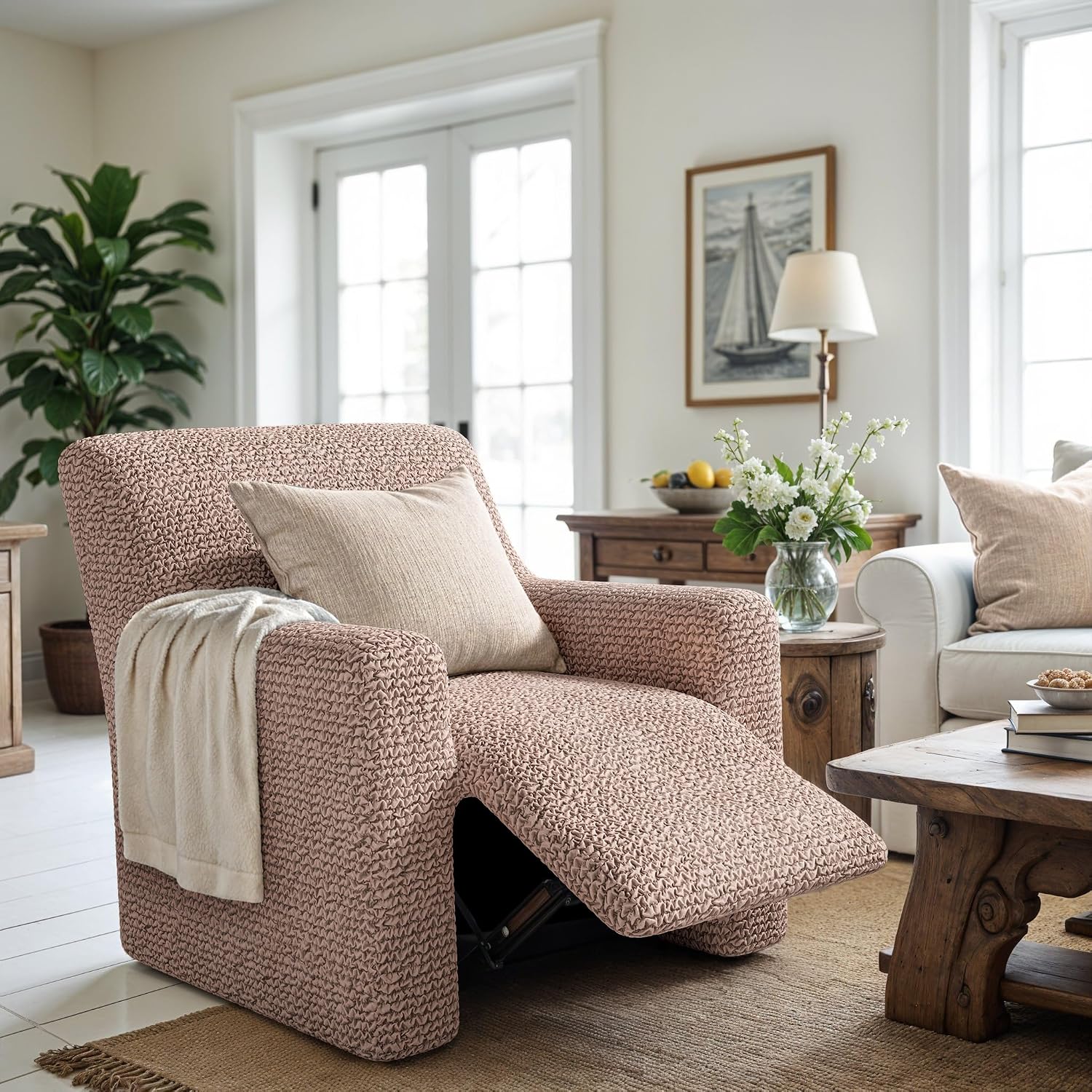 PAULATO BY GA.I.CO. Recliner Cover – Soft Form-Fit Slipcover – Stretch 1-Piece Reclining Furniture Protector – Machine Washable Hypoallergenic Fabric – Blush Taupe (Recliner 24"-39" Wide)