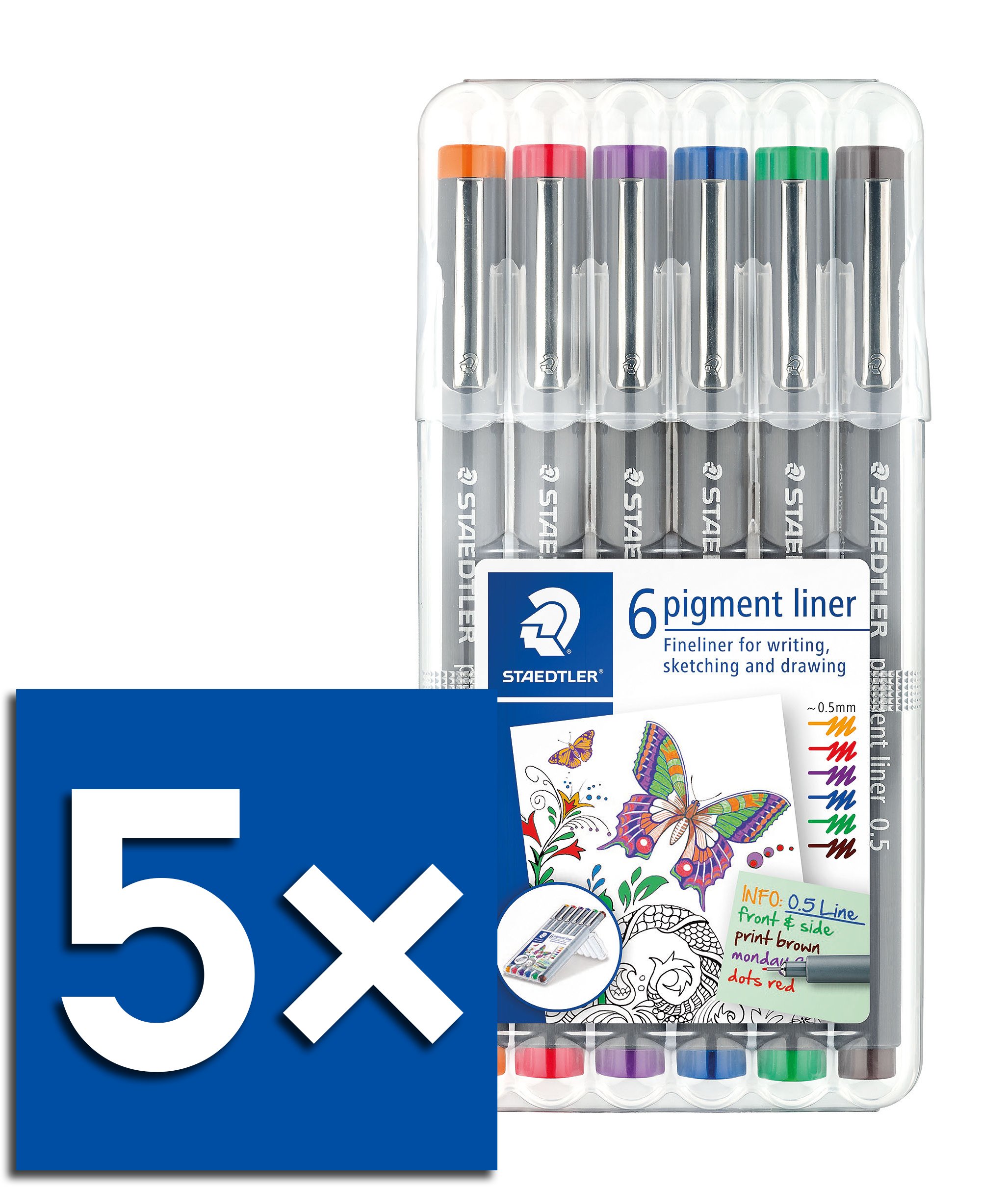 Staedtler Pigment Liner Fineliner 6er Set, mit Box (5X Sortiert 0,5mm)