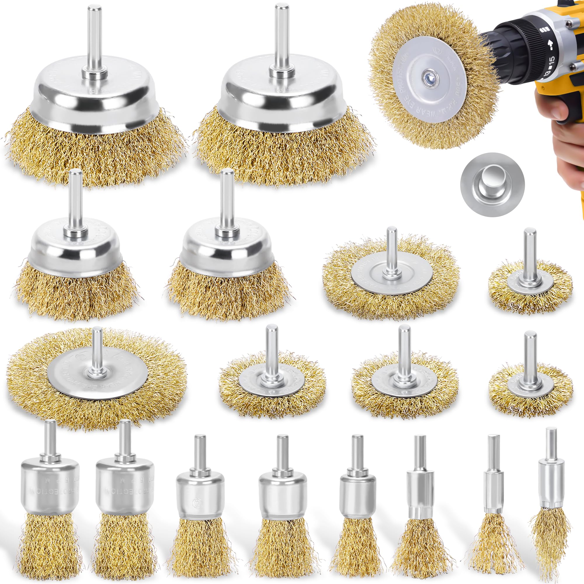 DazSpirit 9pcs Drahtbürste Bohrmaschine, Messingbeschichtet Drahtbürsten | Topfbürsten-Set für 1/4 Zoll-Schaft, Drahtbürste Akkuschrauber Messingbürste, Ideal zum Entfernen von Rost/Polieren/Reinigen