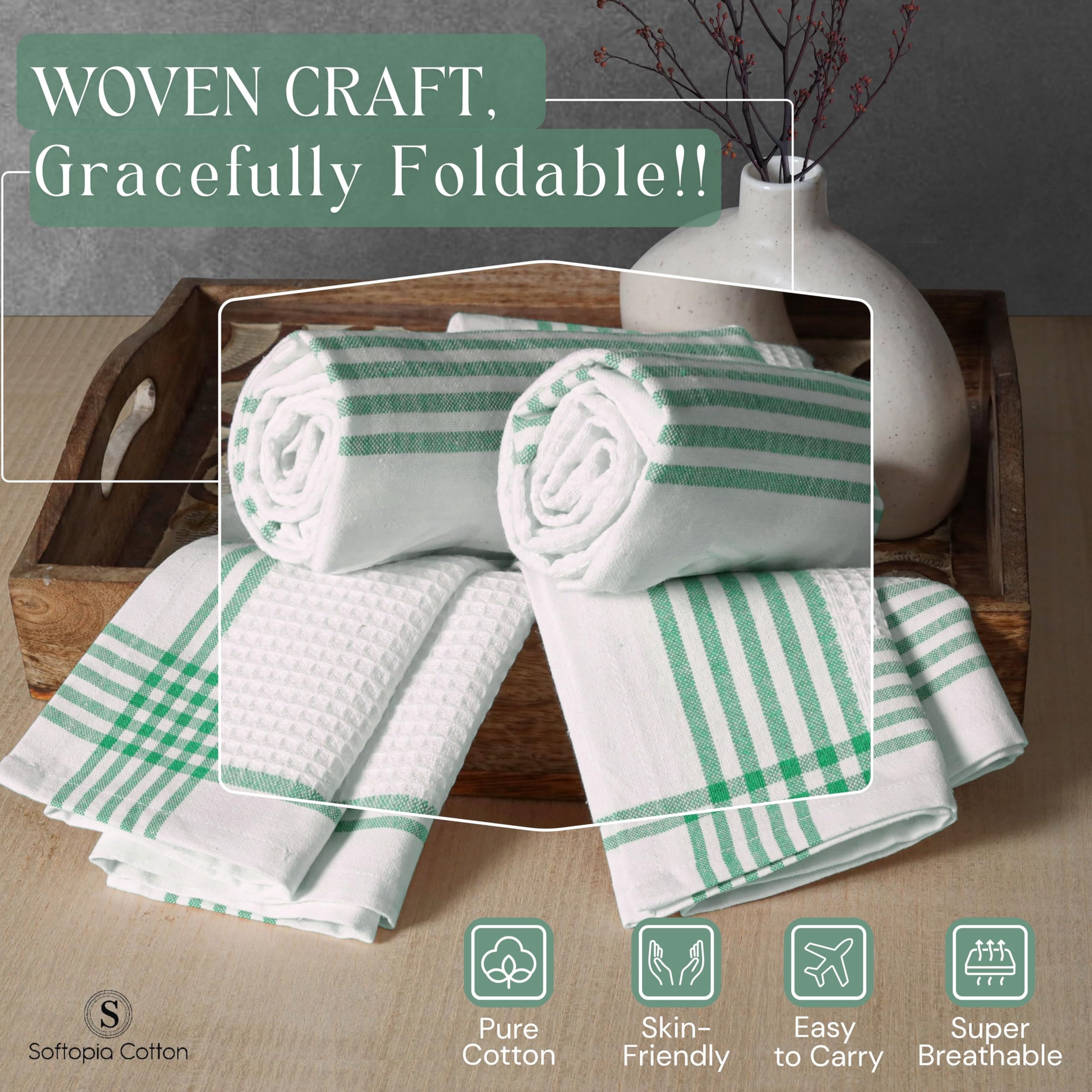 Strofinacci da cucina a nido d'ape bianco e verde scuro, 12 pezzi, 100% cotone, 40,6 x 66 cm, super assorbenti per asciugare i piatti, set di panni da cucina ad asciugatura rapida, per