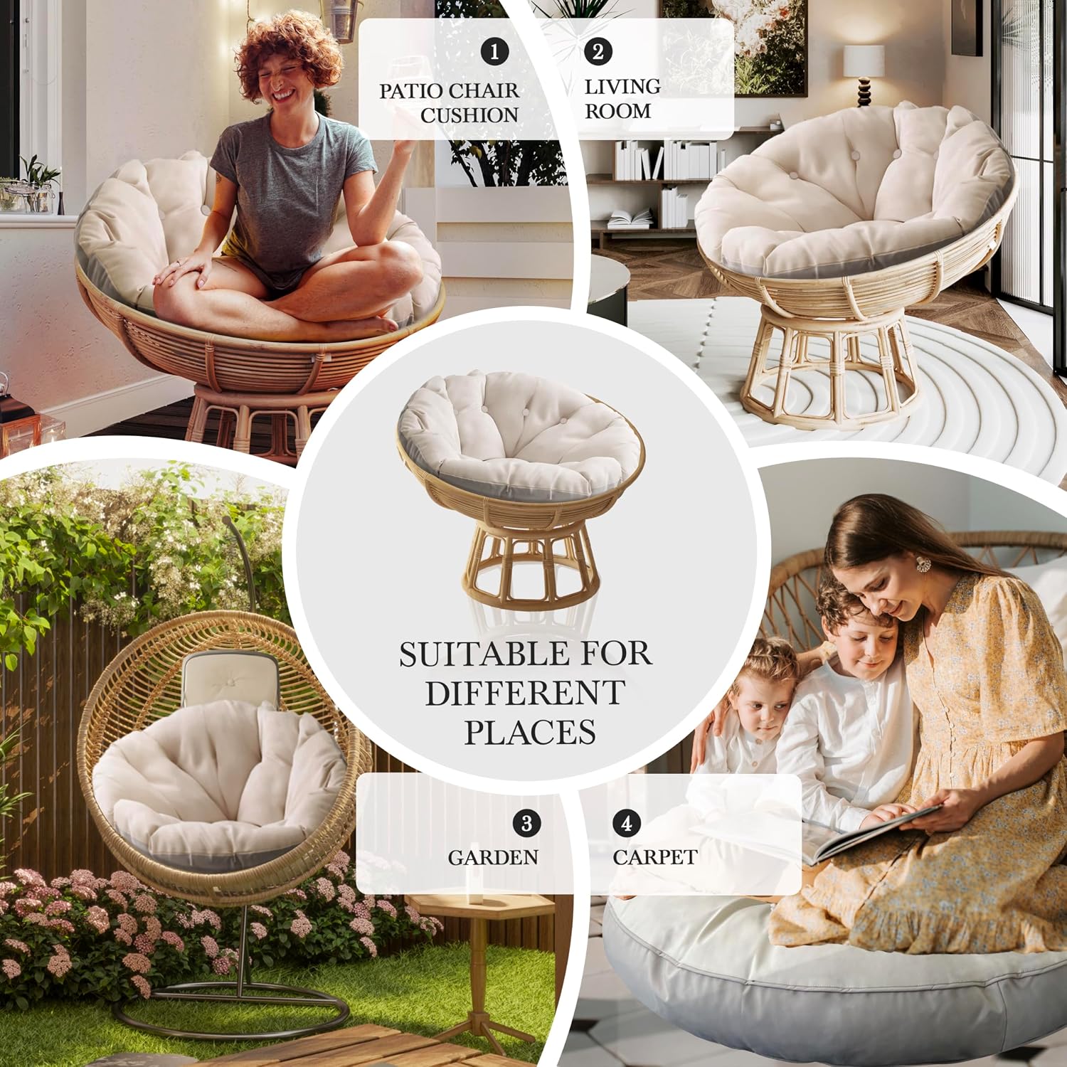 13 lb Thickened Papasan Cushion Only, 48 Inch Waterproof Papasan Chair Cushion with Headrest, Outdoor Papasan Chair Pad with Soft Padding, White Washable Papasan Chair Cushions
