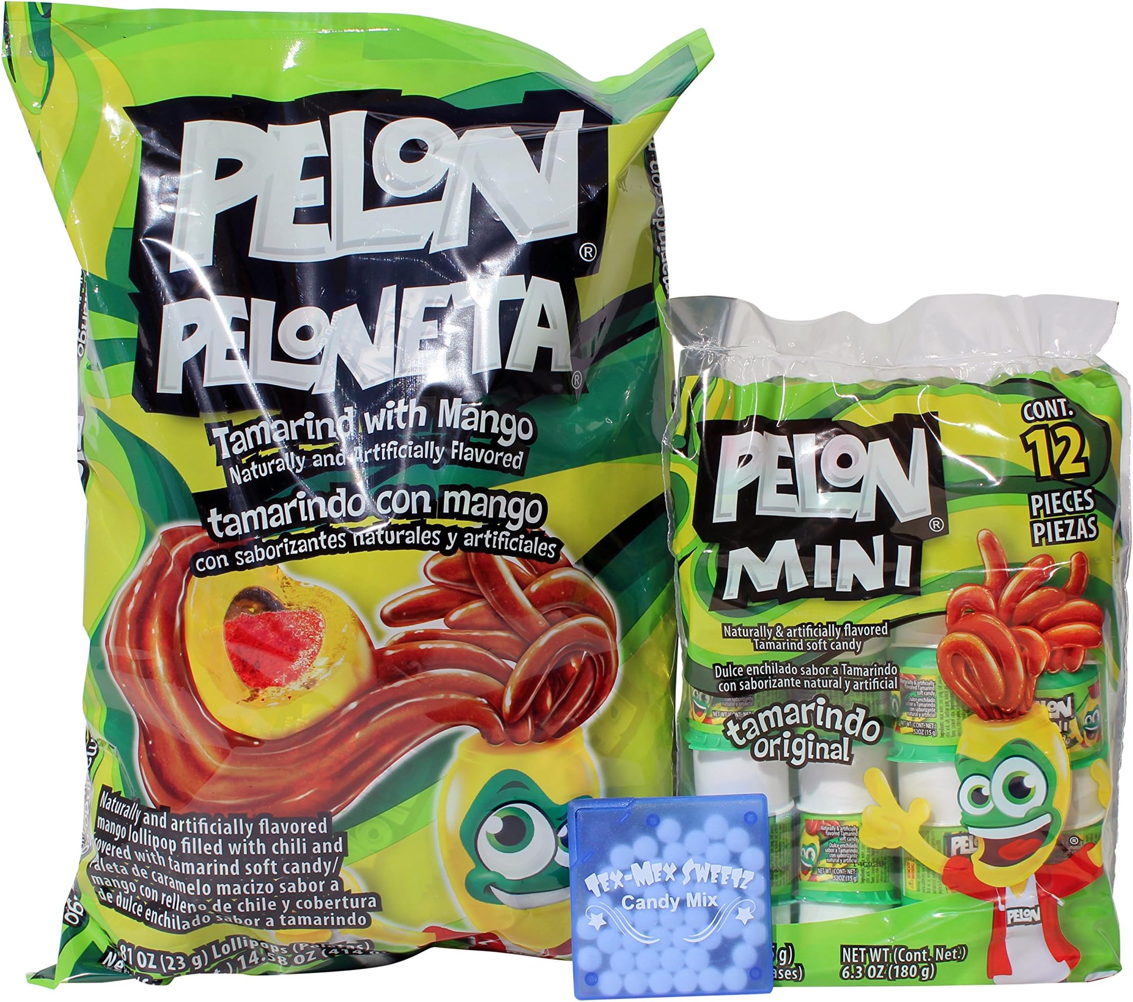 Pelon Peloneta Tamarind with Mango Lollipops (18 pc), Mini Pelon Pelo Rico Tamarind Push Up Candy, 12-Count, 6.3-Ounce Bag & Mints From Tex-Mex Sweetz Bundle