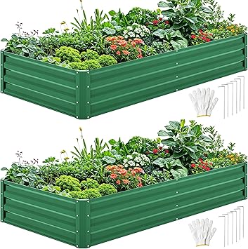 DWVO 2pcs 6 x 3 x 1 FT Raised Garden Bed Kit, Outdoor Galvanized Flower Bed with Gloves, Large Metal Planter Box for Vegetables, Flowers, Herbs, Fruits, Green