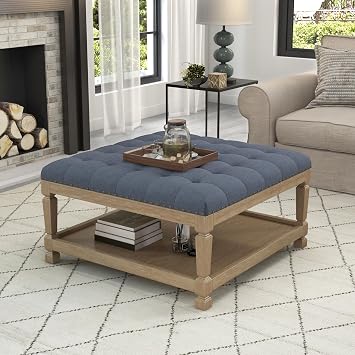 Ottoman Coffee Table,Square Wooden Upholstered Tufted Ottoman Foot Rest with Storage, Padded Linen Coffee Tables for Farmhouse Lliving Room Blue