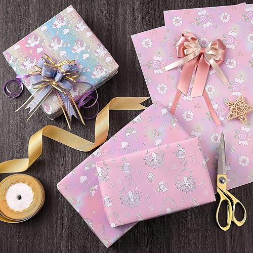 Miniatura 3 de PlandRichW Papel de regalo de unicornio plegado para niñas, Barbie, papel de regalo de cumpleaños para mujeres, 4 diseños de princesa rosa de