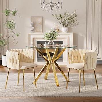 Baysitone Modern 3-Piece Dining Set with 36" Round Glass Table & 2 Woven Velvet Upholstered Dining Chairs, Gold Metal Table Legs, Kitchen & Dining Room Furniture for Small SpacesBeige&Gold