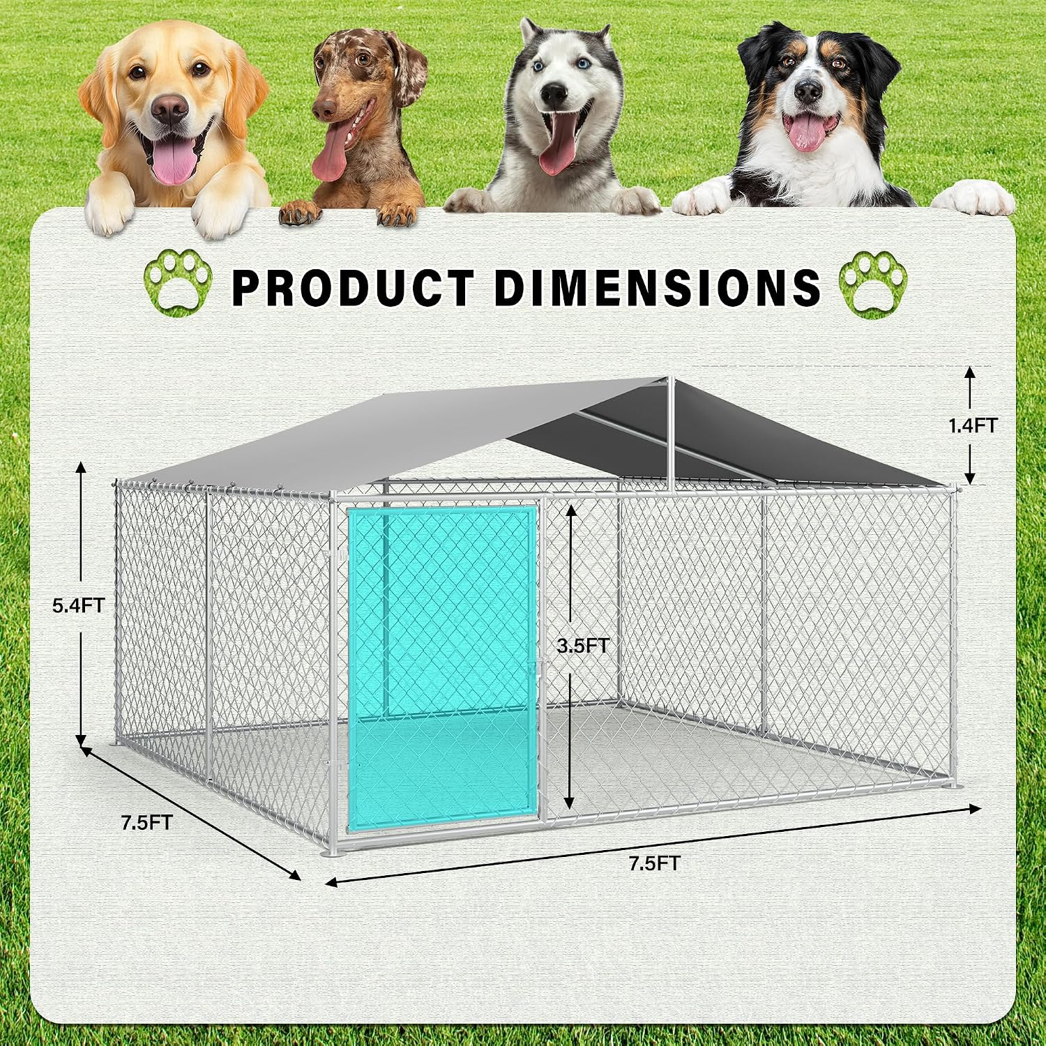 LAUSAINT HOME 7.5'×7.5' Large Outdoor Dog Kennel, Heavy Duty Outside Dog Kennel with Roof and Secure Lock, Galvanized Steel Dog Run Cage Enclosure for Backyard