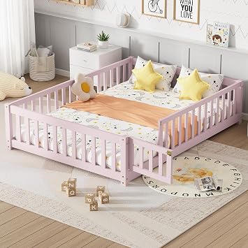 PVWIIK Full Size Toddler Floor Bed with Safety Guardrails & Wood Slats,Wood Montessori Floor Bed for Kids, Girls, Boys,Pink