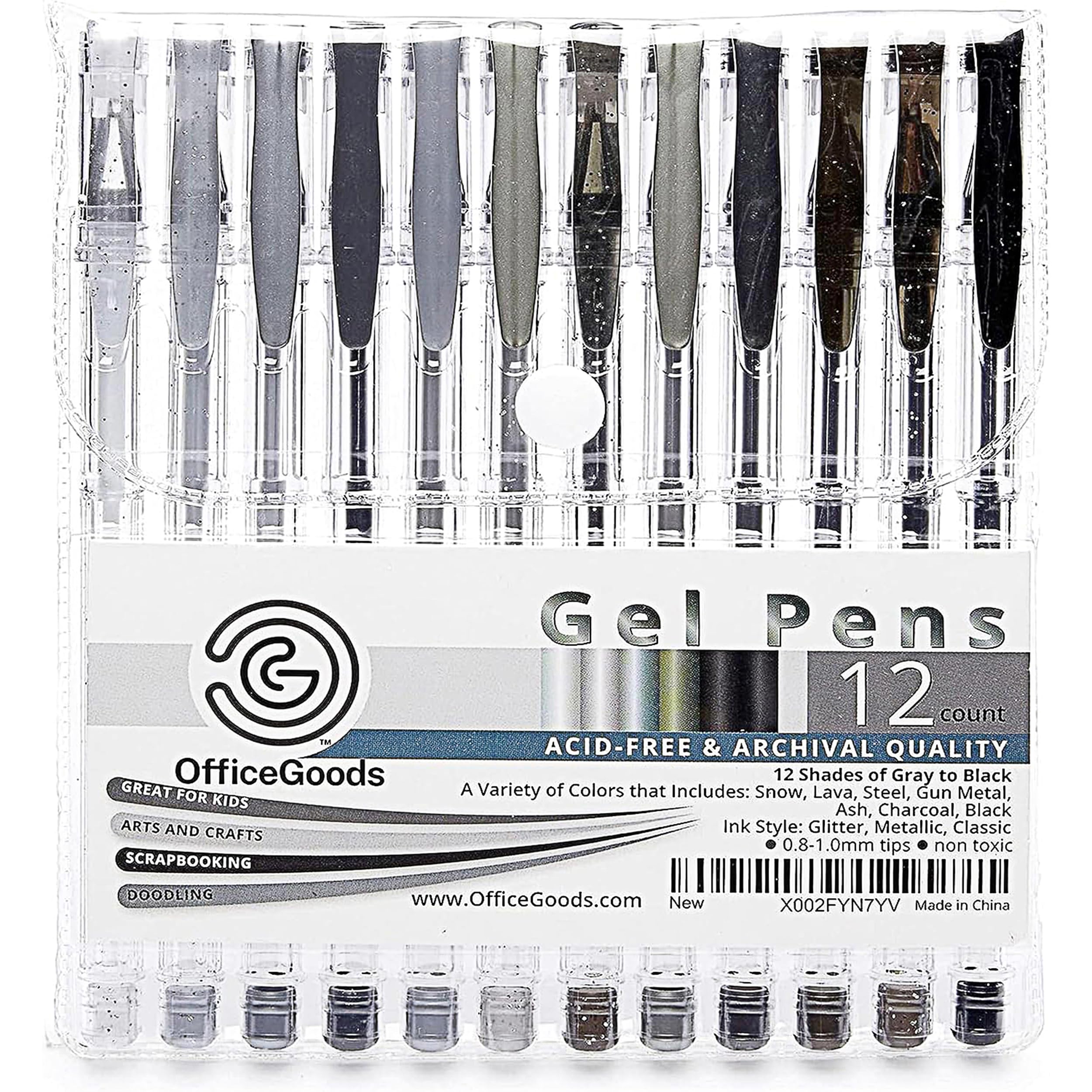 OfficeGoods Grey & Black Gel Pens with Refills – Glitter Metallic Classic – Medium 0.8-1.0mm Tips – Non-Toxic Gel Pens Set – Quick Dry Smudge-Free 12 Pack Colors