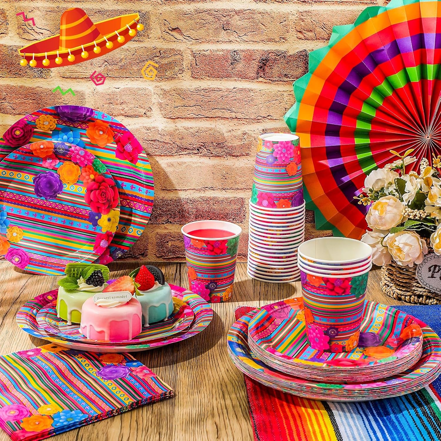 Domensi 200 Pcs Mexican Party Supplies Tableware Set for 50 Guests, Includes 7 Inch 9 Inch Floral Stripes Paper Fiesta Plates, 9 oz Disposable Cups and Napkins for Boys Girls Mexican Party Decoration