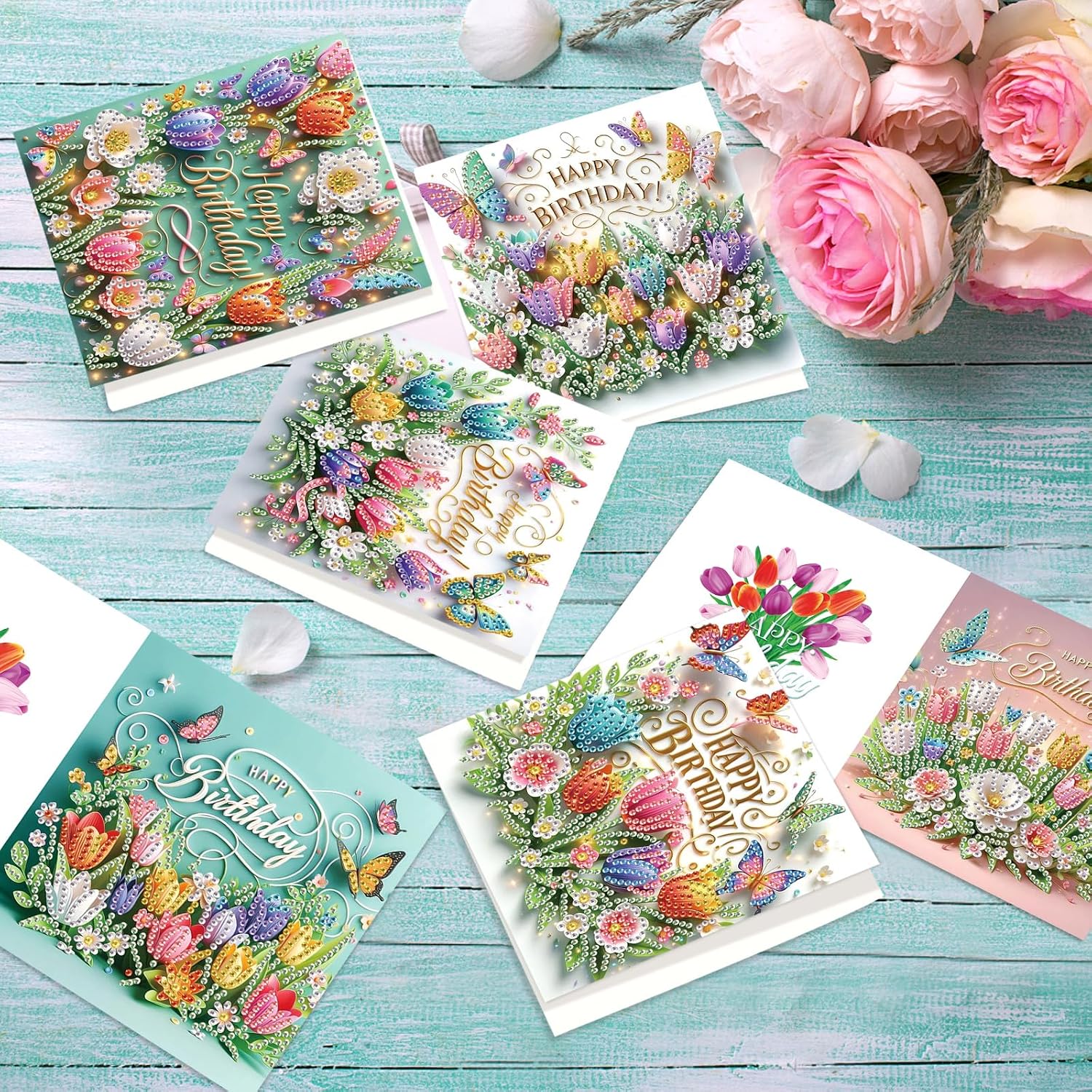 12 Pcs Birthday Tulip Rose Camellia Flowers Diamond Art Painting Greeting Cards Kit with Envelopes, 5D DIY Special Shaped Card Making Kits for Adults, Holiday Blessing Postcards, Creative Craft Gifts