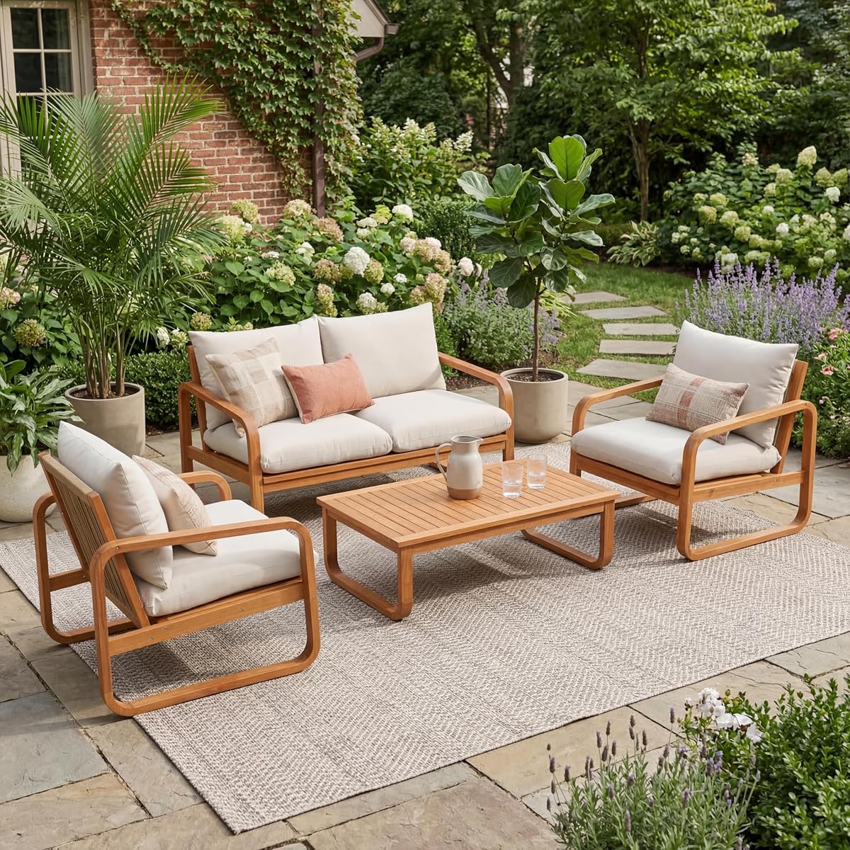 Coddy 4-Seater Patio Furniture Set with Coffee Table, 4 Piece Outdoor Acacia Wood Conversation Set with Cushion, Sold Wood Outdoor Sectional Sofa Set, Beige+Natural