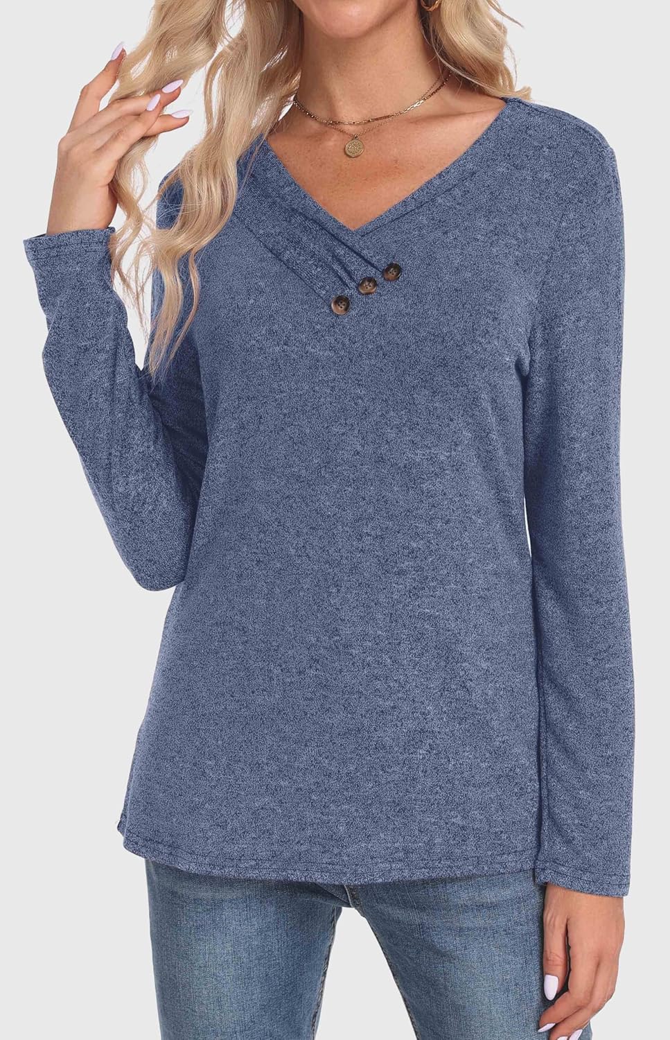 Neineiwu Fall Long Sleeve Lightweight Tunic Tops for Women 2025 Trendy Blouses V Neck Button Detail Shirts - Image 3