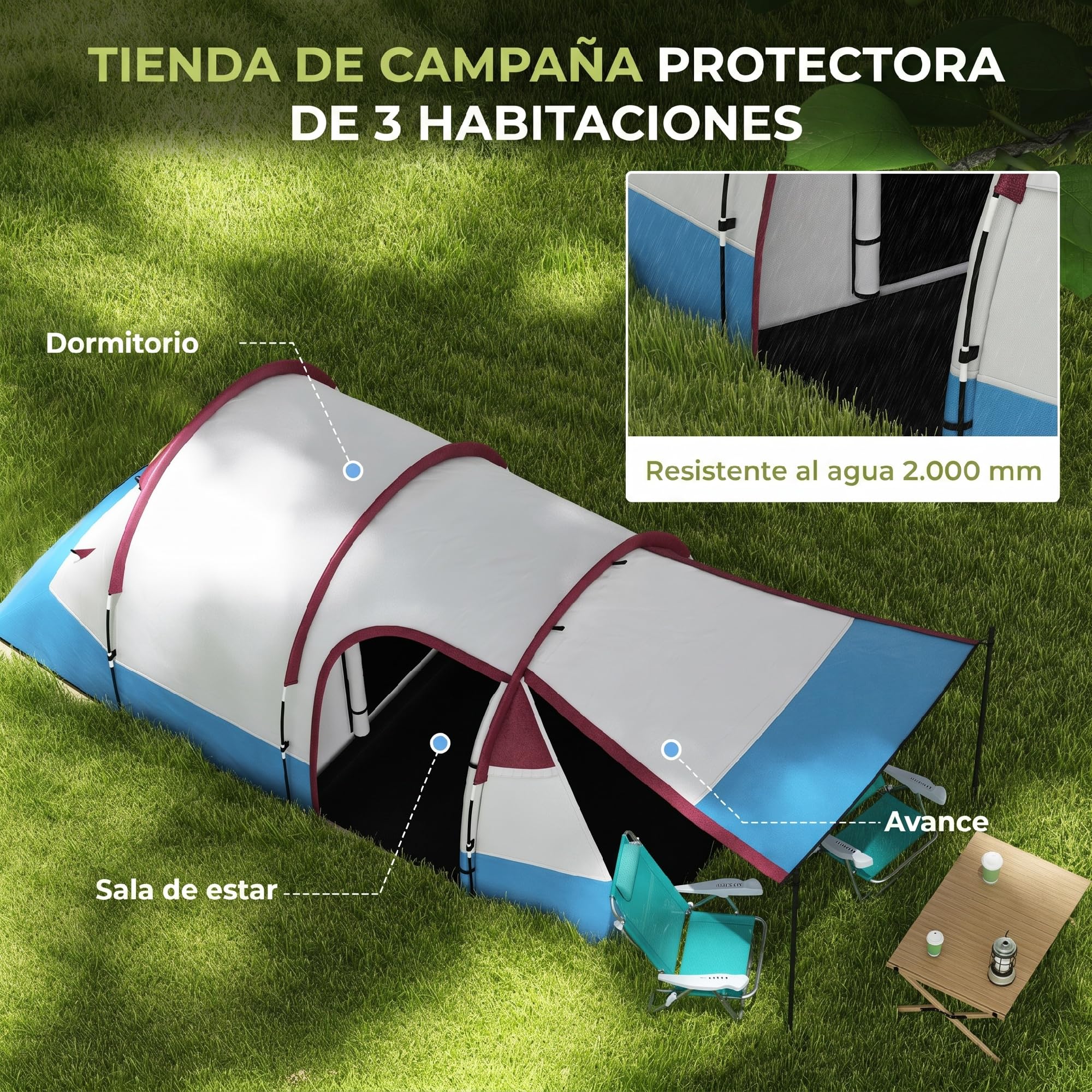 Outsunny Tienda de Campaña Familiar para 3 Personas Tienda Camping Plegable Ligera con 2 Habitaciones Bolsa de Transporte Impermeable 2000 mm para Playa Senderismo 420x200x150 cm