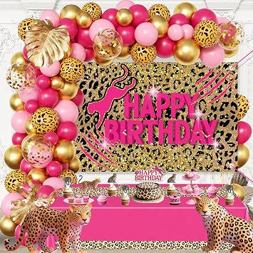 Pink Leopard Print Birthday Party Decorations Set for Women Balloons Arch Garland Suitable for Girls