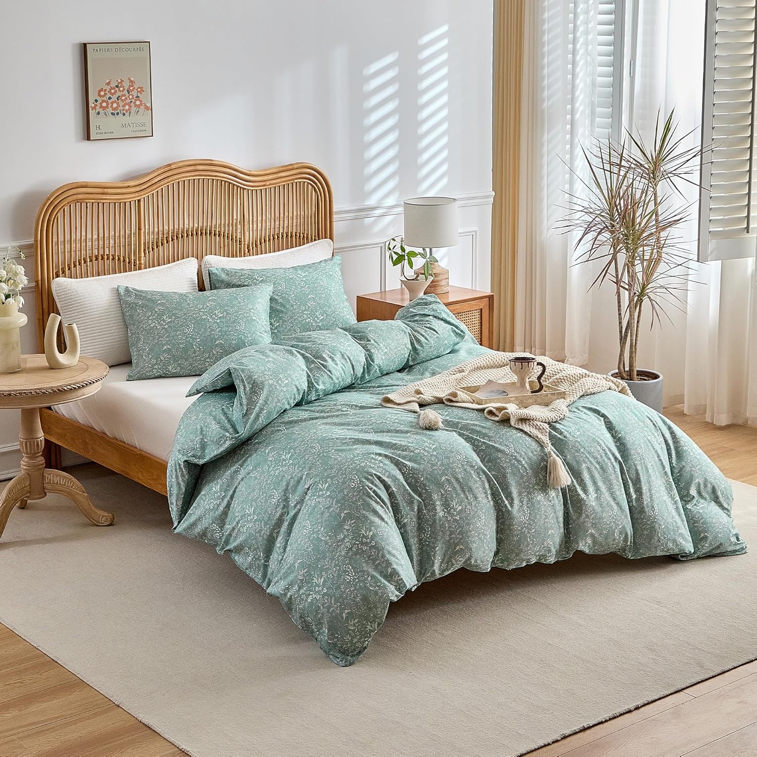 3 Pieces Comforter Set Queen Size for Adults Wear Resistant Sage Green Bedding Comforter Set for Spring, Autumn, Winter Simple Floral Comforter Set, 90''x90''
