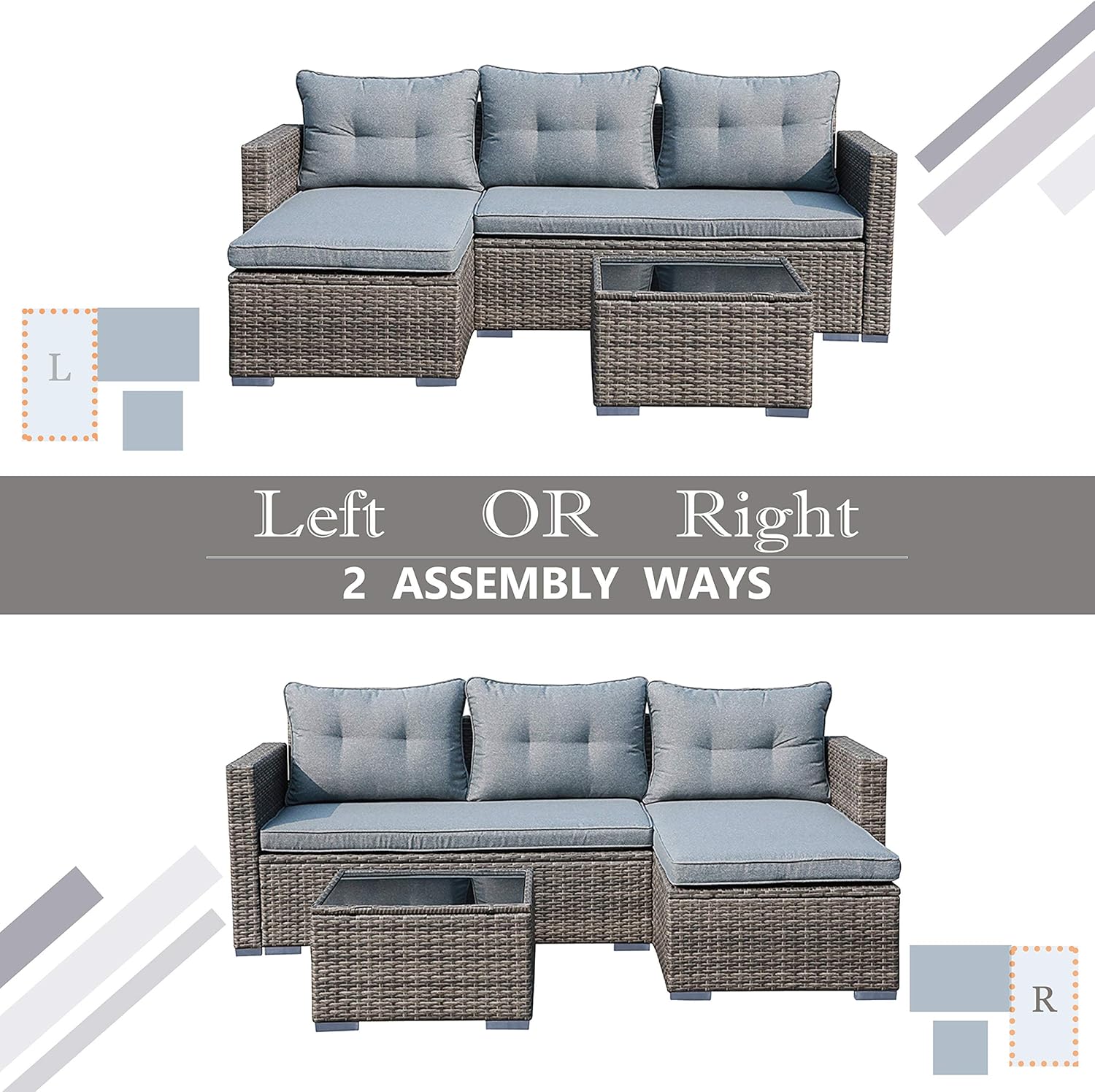 JOIVI Outdoor Patio Furniture Set, Small Sectional Conversation Set, All-Weather Wicker Furniture Sofa Set, Outdoor Patio Seating with Olefin Fabric Cushions, Tempered Glass Coffee Table, Silver-Gray : Patio, Lawn & Garden