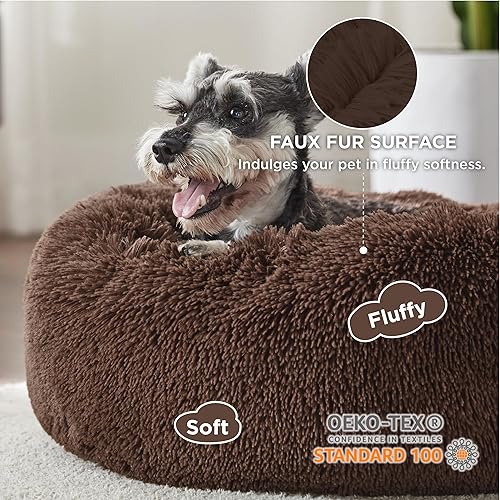 Vista 70 de Bedsure - Cama relajante para perros medianos, lavable, tipo dona, cama para gato, antideslizante, redonda, afelpada, mullida, de piel sintética