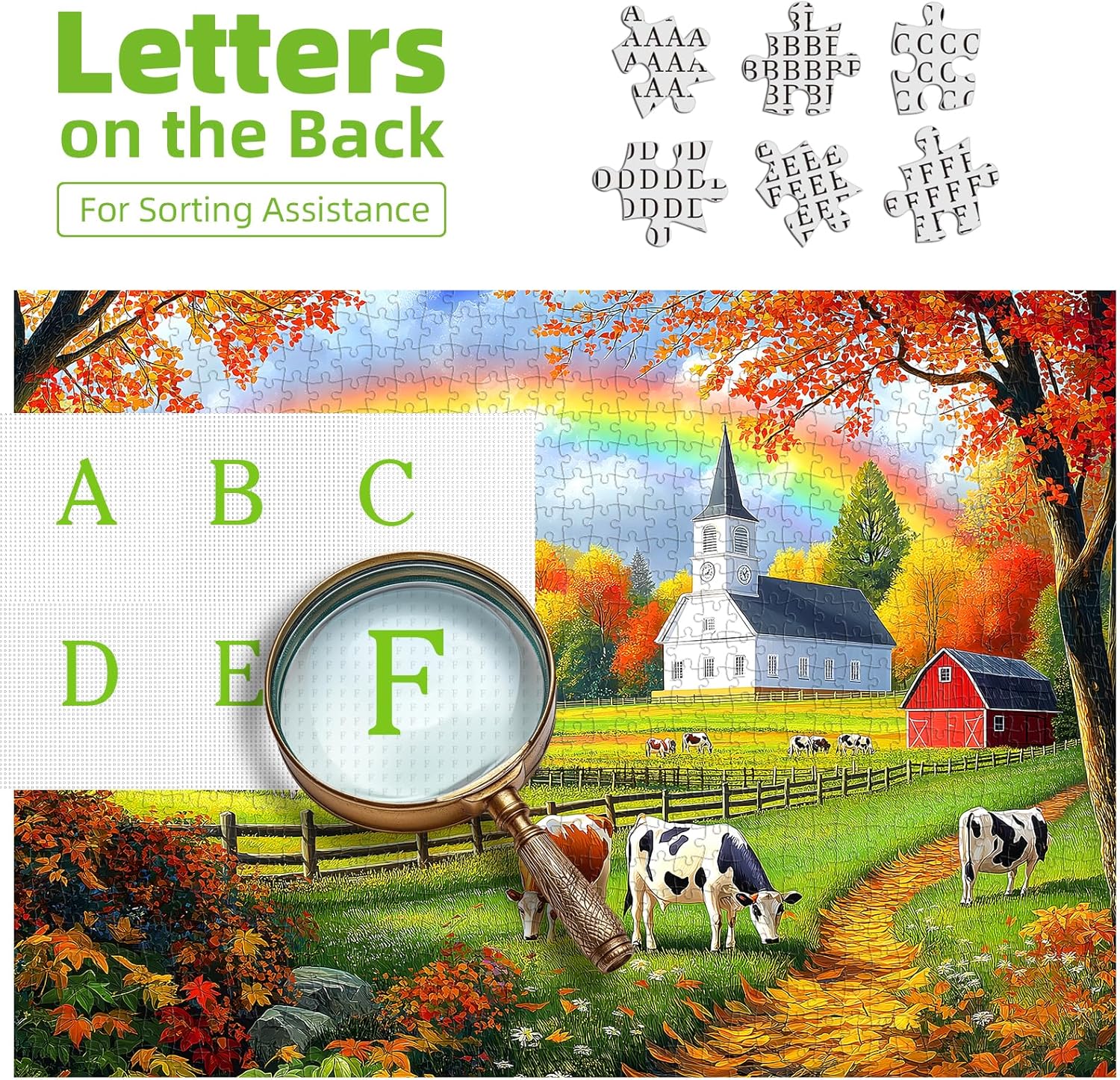 MINIWAN 500 Piece Jigsaw Puzzle for Adults - Autumn Farm Cow Puzzle with Red Barn & Rainbow - 23" x 15" Puzzle with Reference Poster & Lettered Back