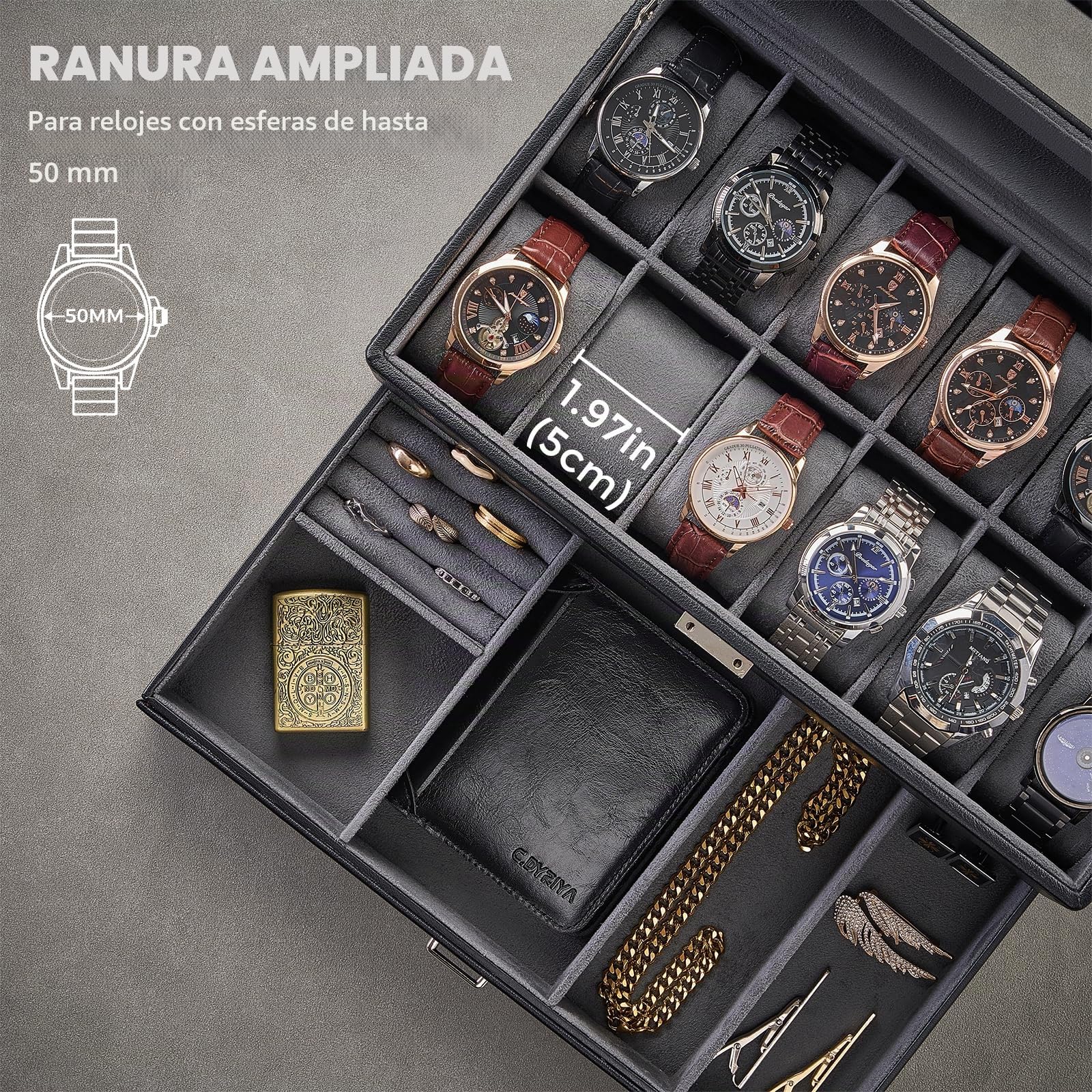 ProCase Estuche para Relojes, Caja Organizadora de 12 Ranuras y 2 Niveles con Tapa de Cristal, Cuero sintético premium, Almohadillas y Forro de Terciopelo, Porta Relojes para Hombre - Negro